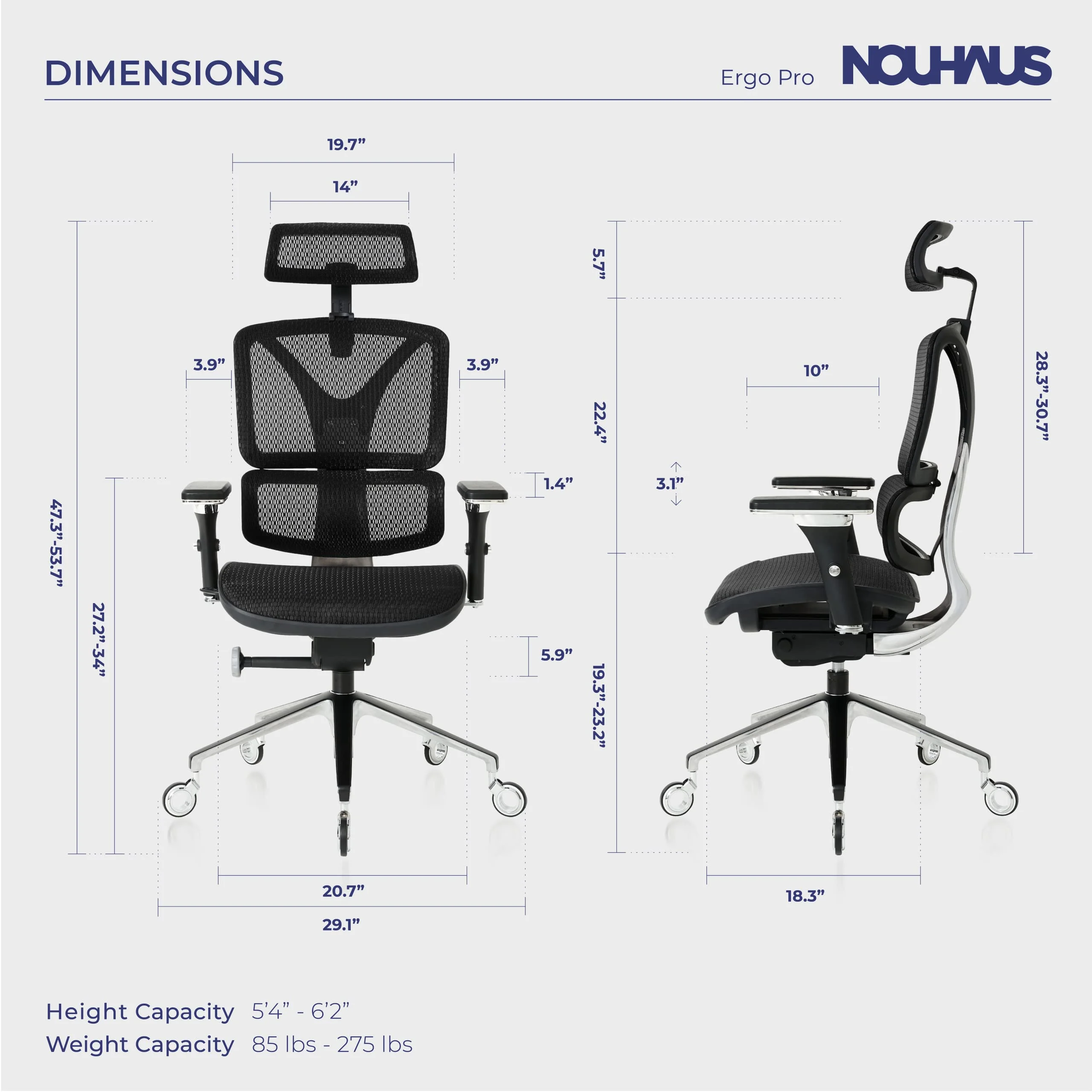 Nouhaus ErgoPRO Ergonomic Office Chair, Gaming Chair with Adjustable Arm Rests, Lumbar Support, Headrest and Blade Wheels; Aluminum Rims, Mesh Desk Chair, Executive Swivel Chair (Black)