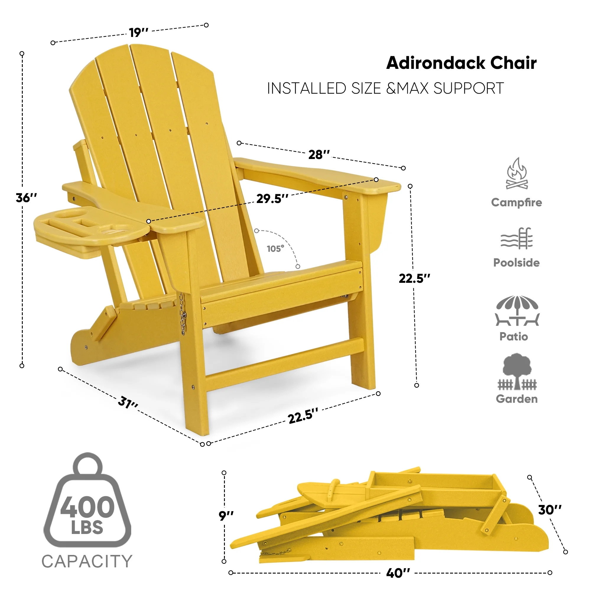 FOOWIN HDPE Plastic Adirondack Chairs Set of 4, Black - Image 93