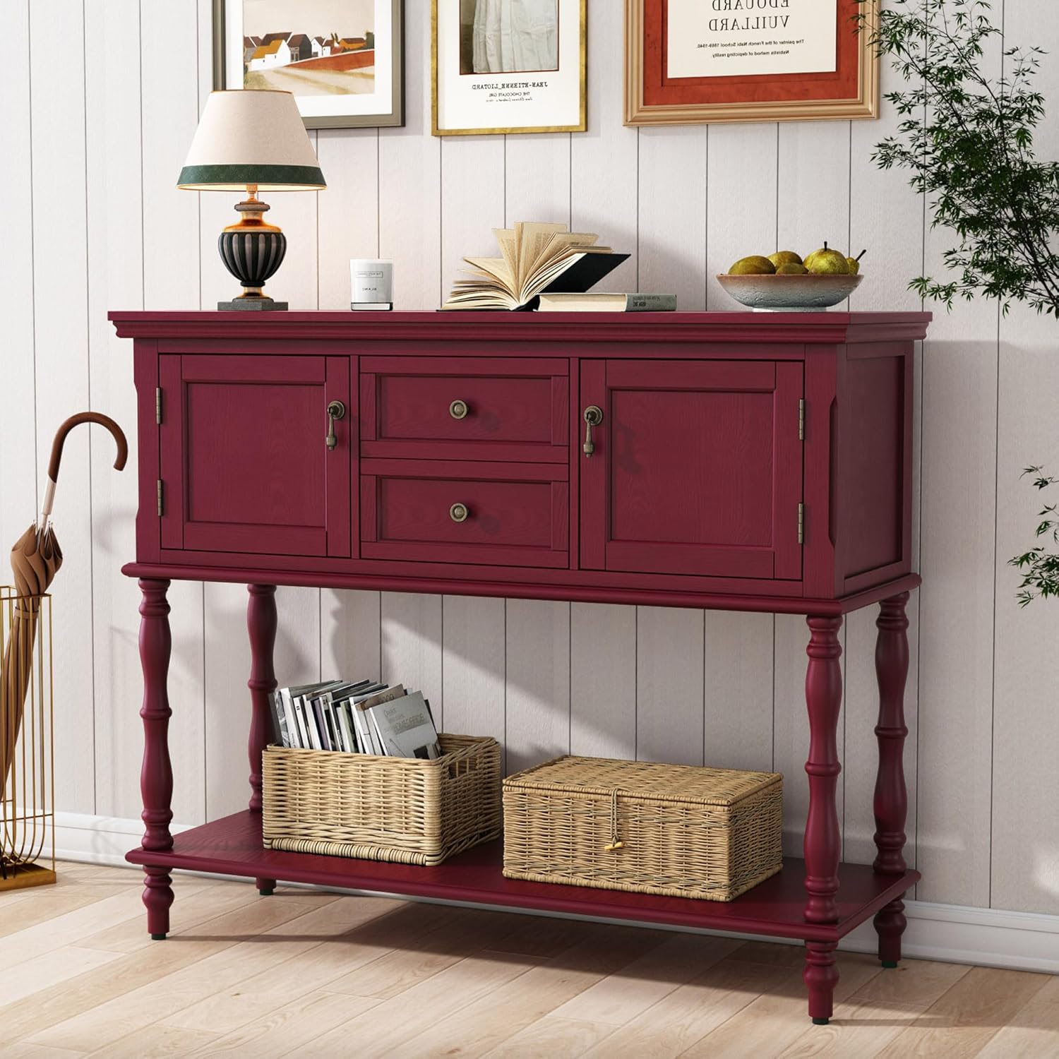 ARTPOWER Console Table with 2 Drawers, Retro Entryway Table with 2 Door Cabinets and Open Storage Shelf, Narrow Long Behind Couch Sofa Table for Living Room, Foyer, Hallway, Red