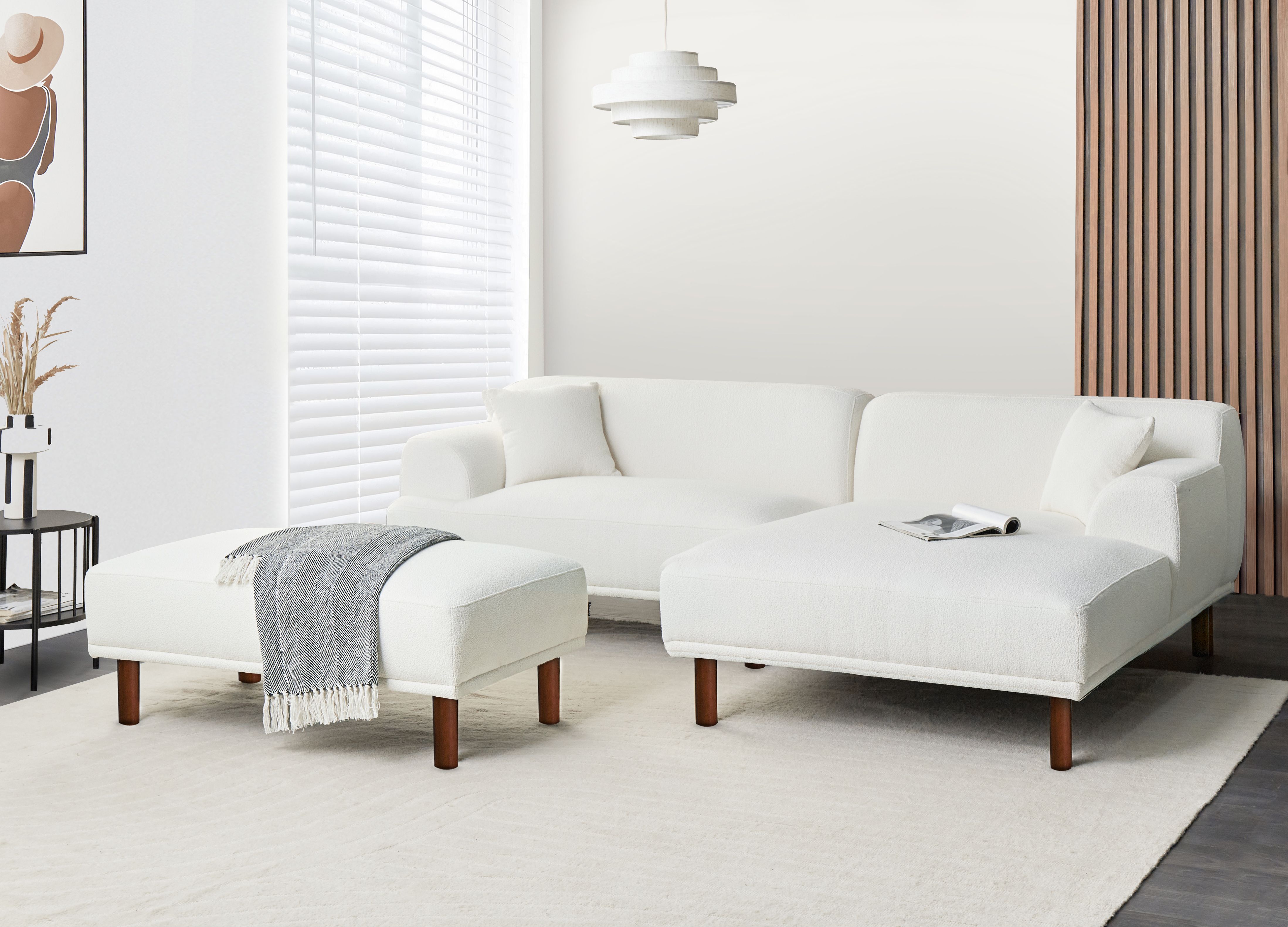 Corner Sofa 3 Seater HOLT Boucle White with Ottoman Left Hand