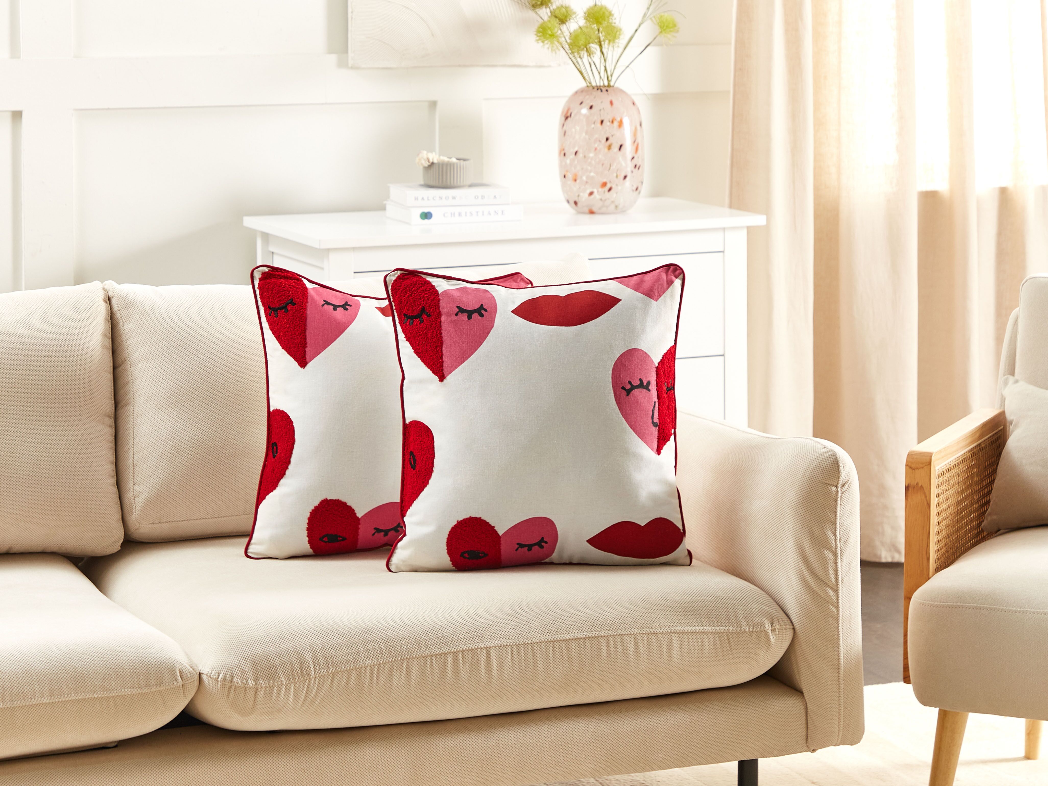 Set of 2 Decorative Cushions PERIWINKLE Cotton 45 x 45 cm White Heart Pattern