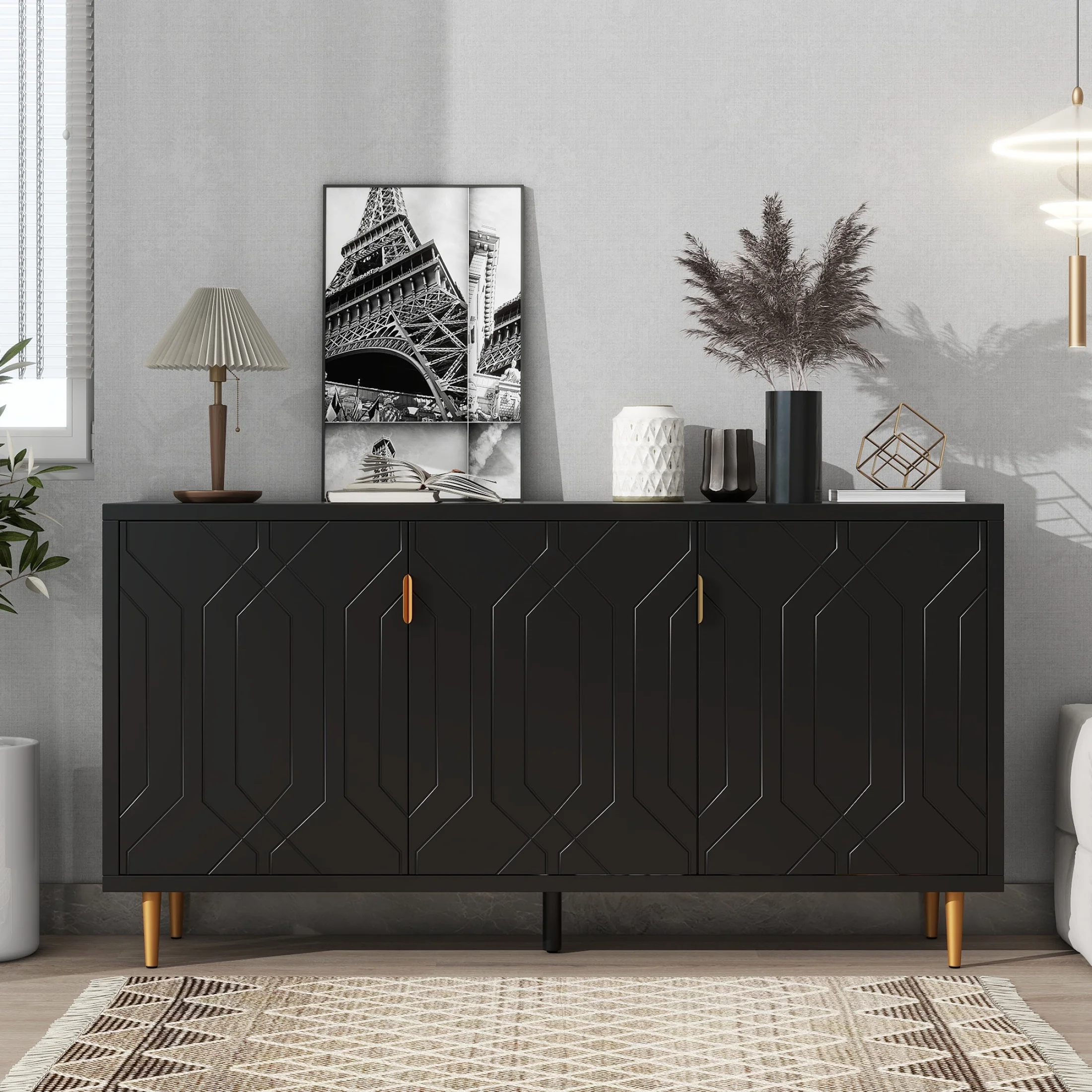 Newboti Furniture Modern TV Stand with 3 Doors and Adjustable Shelves for Living Room, Fits TVs Up to 70 Inches, Black 63500