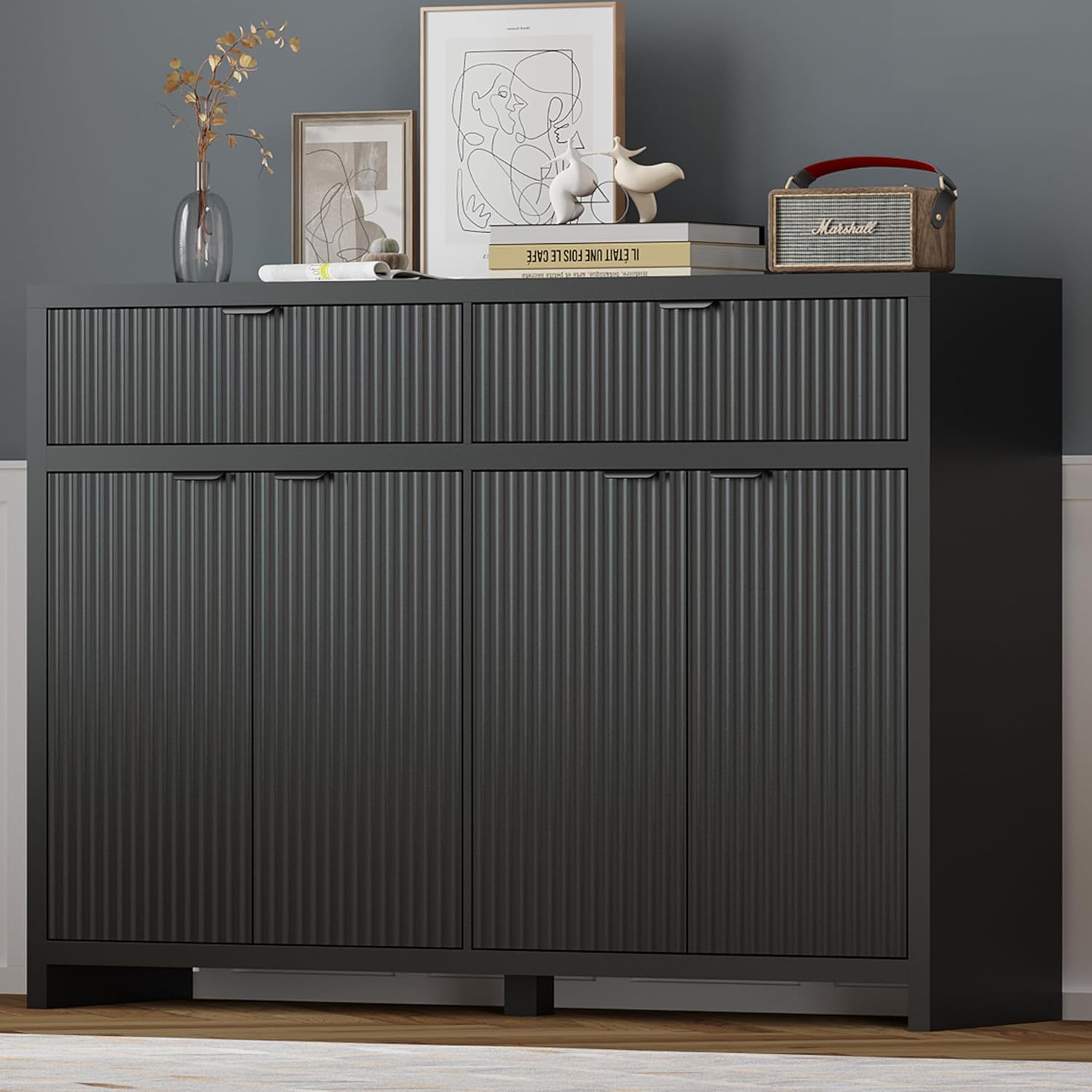 Fluted Sideboard Buffet Cabinet with Storage and Large Drawers, 55