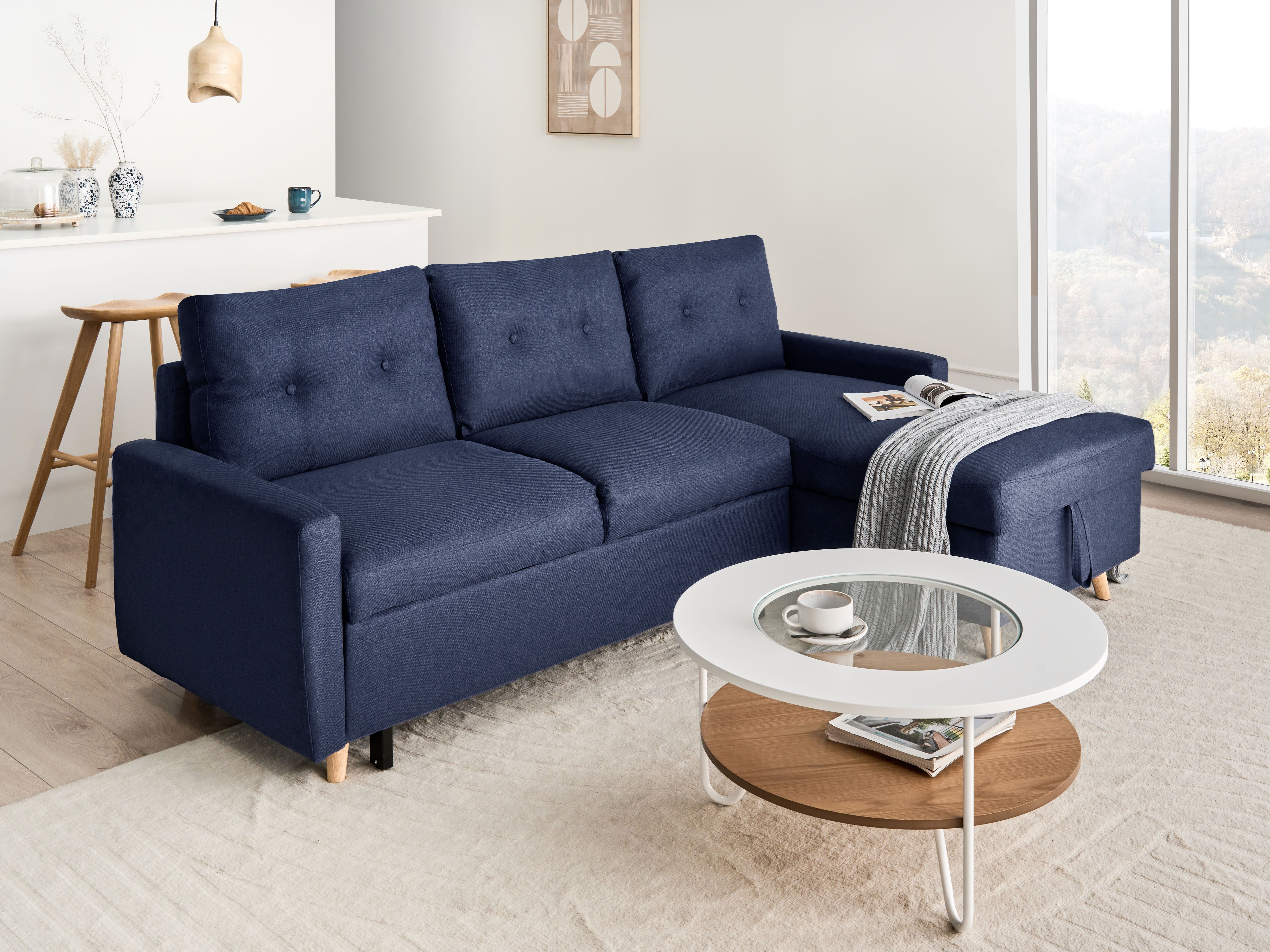 Corner Sofa Bed 4 Seater FLAKK Fabric Navy Blue with Storage Left Hand