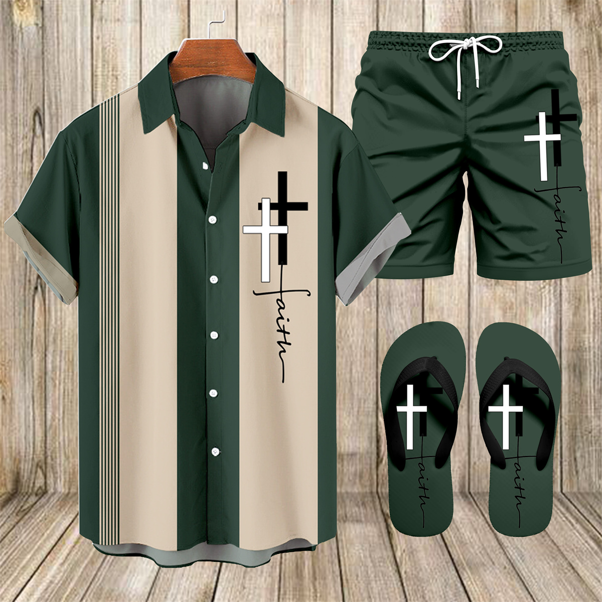 Suitmens Men's Hawaii Vacations Print Shirt Three-Piece Set 056