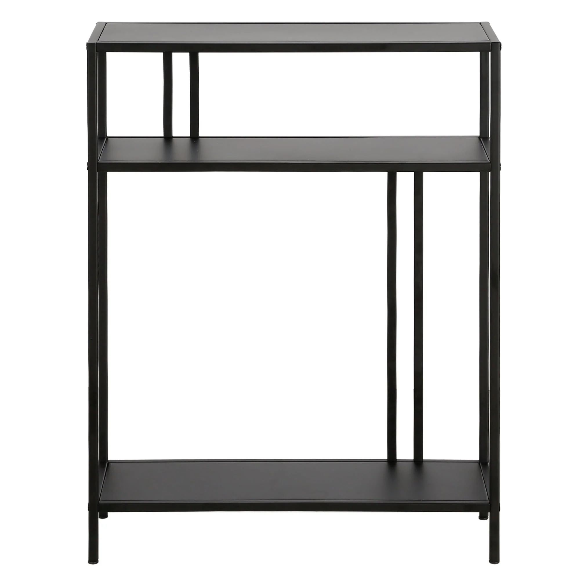Evelyn&Zoe Industrial 22 in. Blackened Bronze Console Table with Metal Shelves