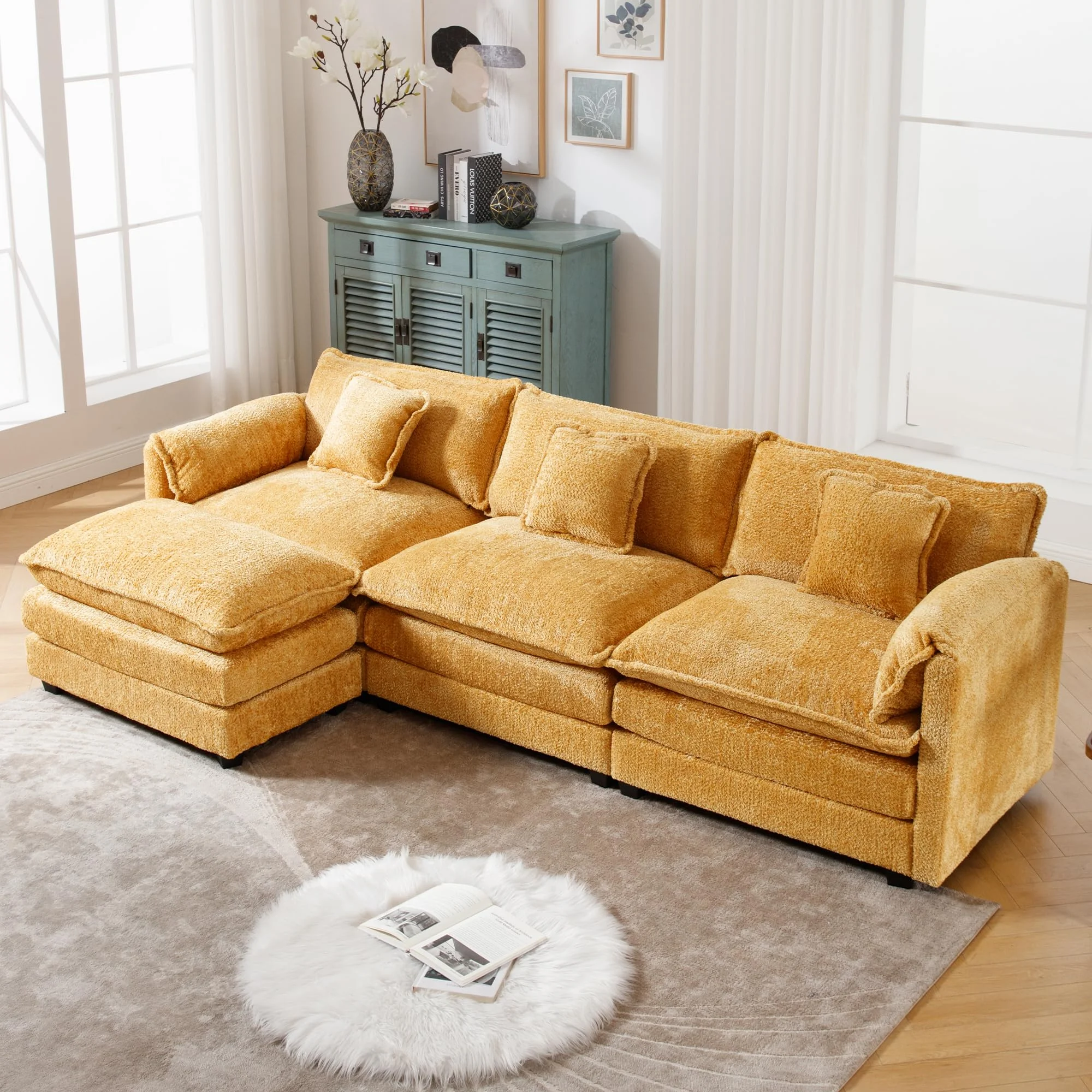 GNIXUU 112" Oversized Sectional Sofa Cloud Couch for Living Room, Modern Chenille L Shaped Couch, Comfy Boucle Modular Sofa Sleeper with Moveable Ottoman & Memory Foam (Green) - Image 26
