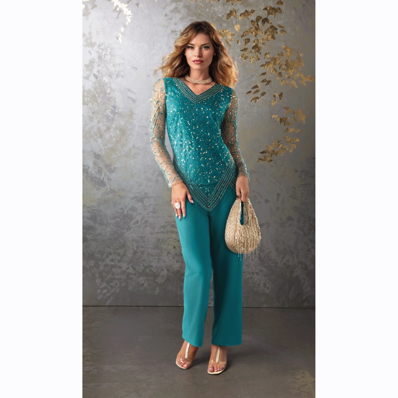 Selena Embellished 2-Piece Women's Pant Set with Beaded Mesh Top - MIDNIGHT VELVET CATALOG
