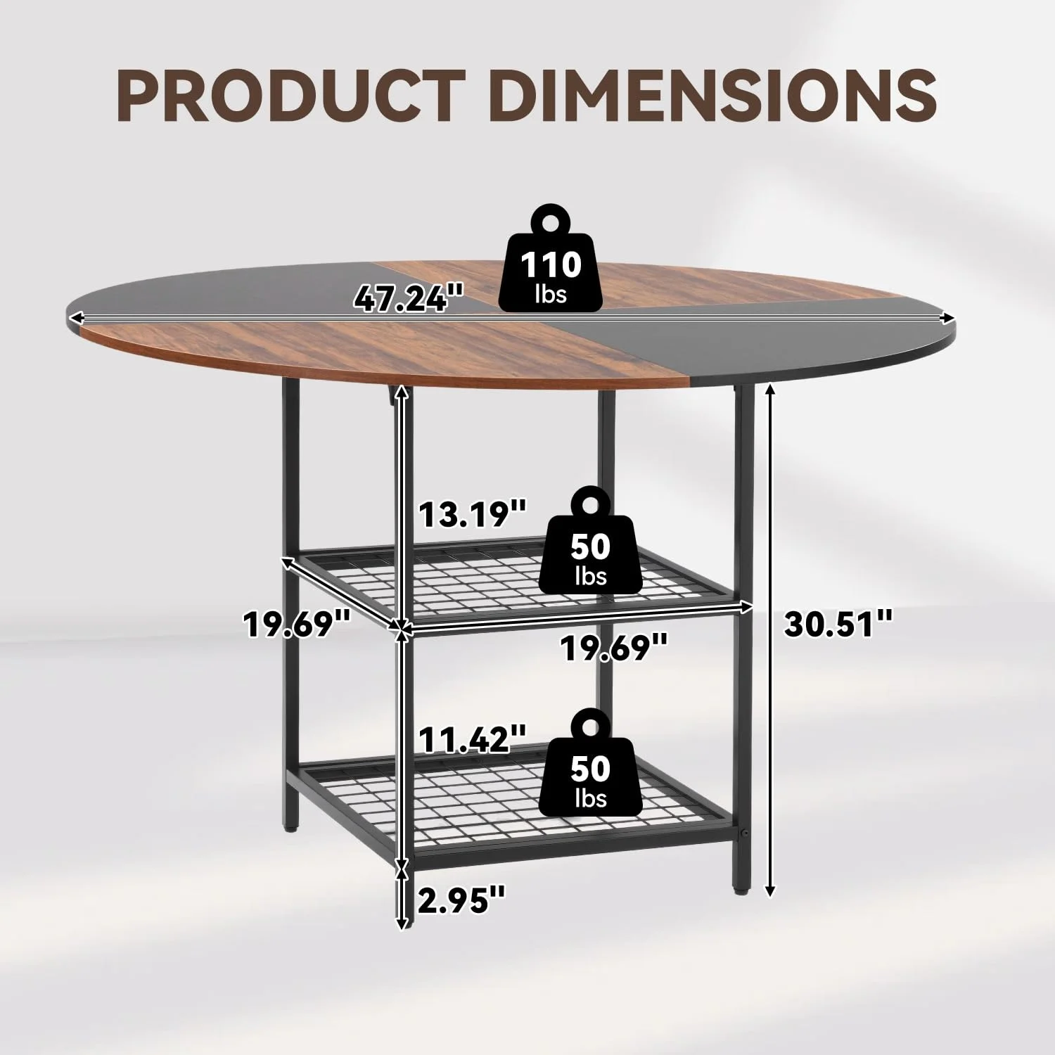 EROMMY Round Dining Table for 4, Wood Kitchen Table with Storage Shelves, Farmhouse Dinner Table for Home Dining Room Kitchen Living Room, Black Rustic Brown(Only Table)