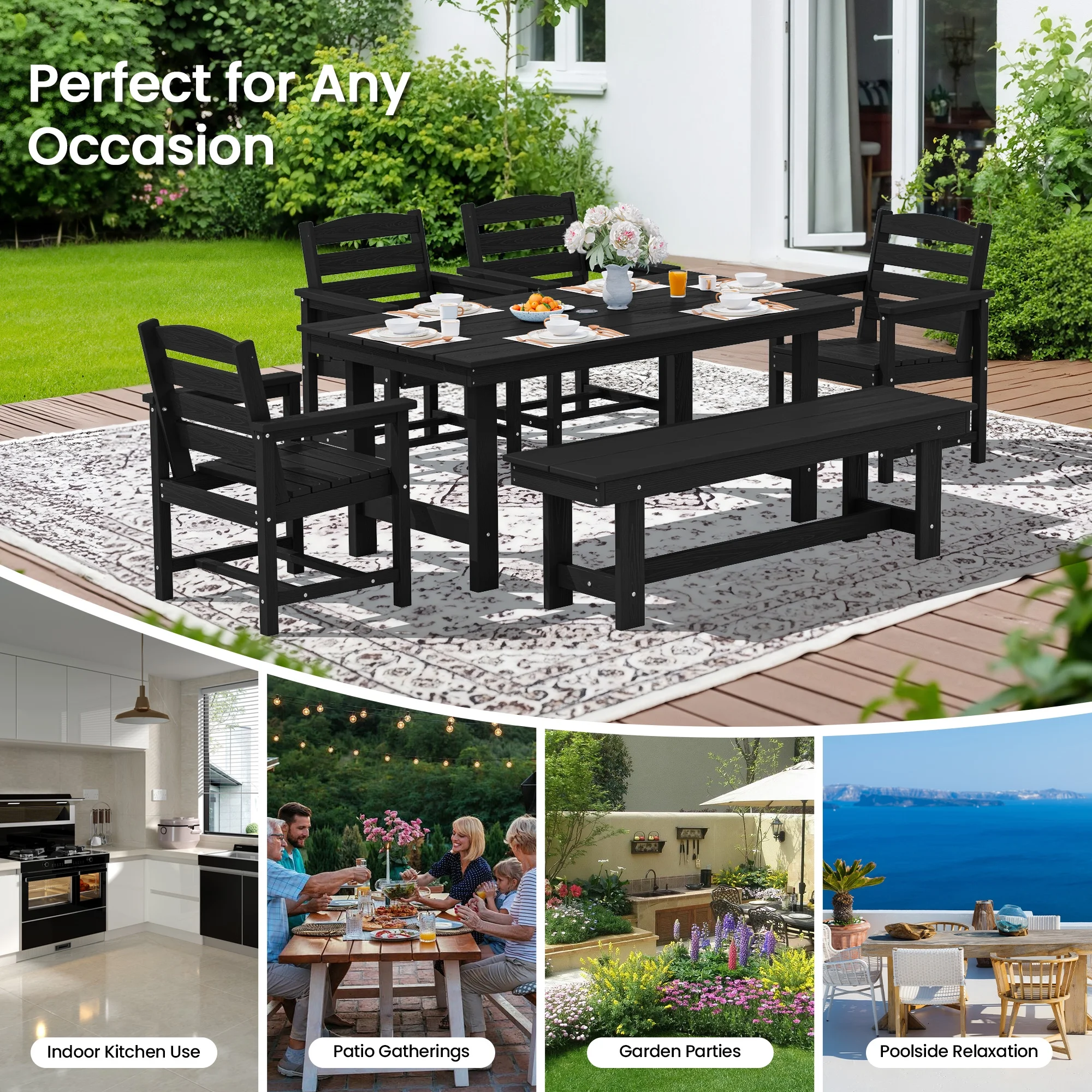 KINGYES 7-Piece Outdoor Dining Set, HDPE Patio Table and Chairs with Umbrella Hole, Gray - Image 22