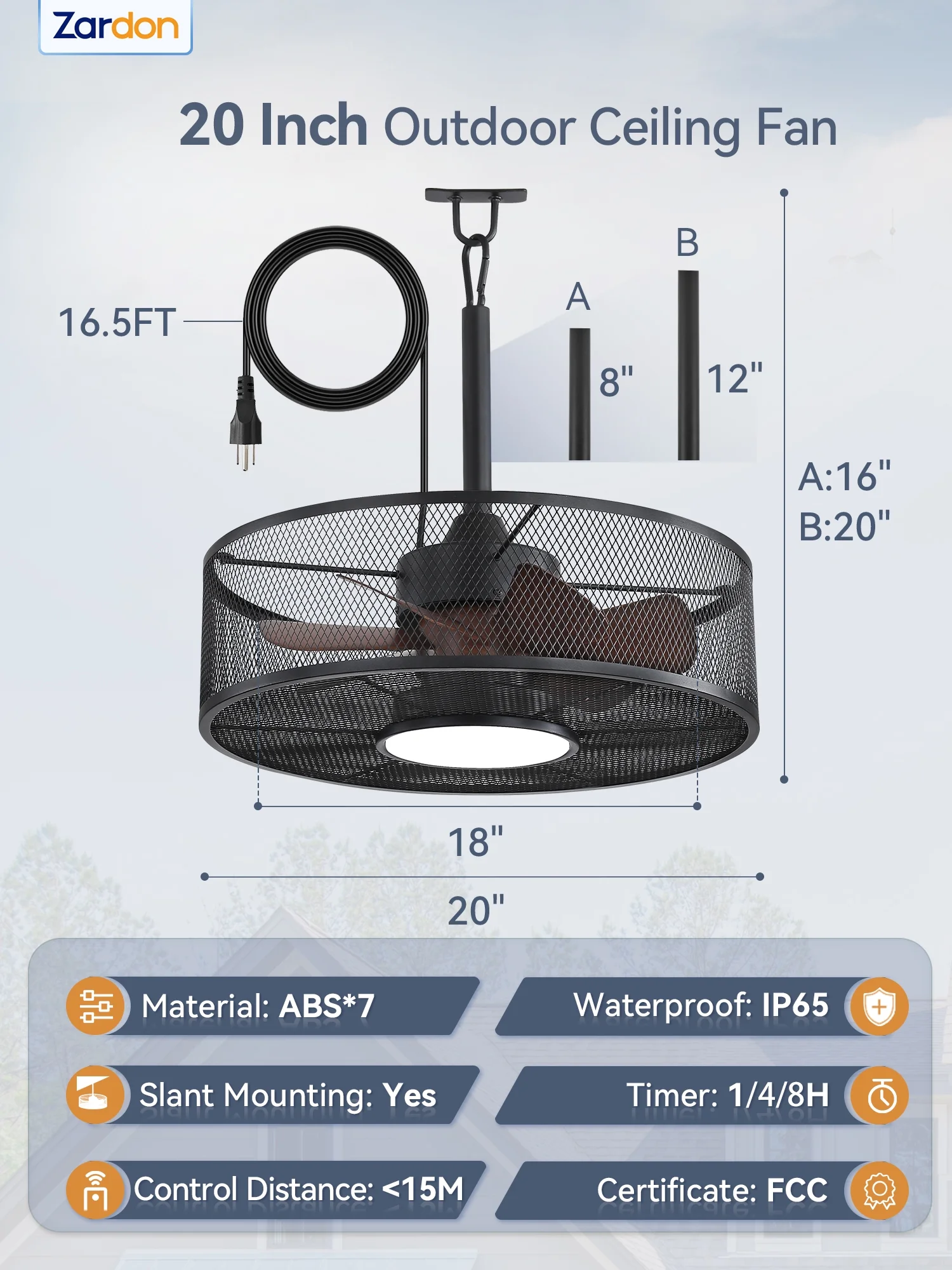 Zardon 20" Outdoor Ceiling Fan with Light and Remote, 7 Blades Caged Waterproof Gazebo Fan for Patio, Porch, Pergola Canopy, App Control - Image 40
