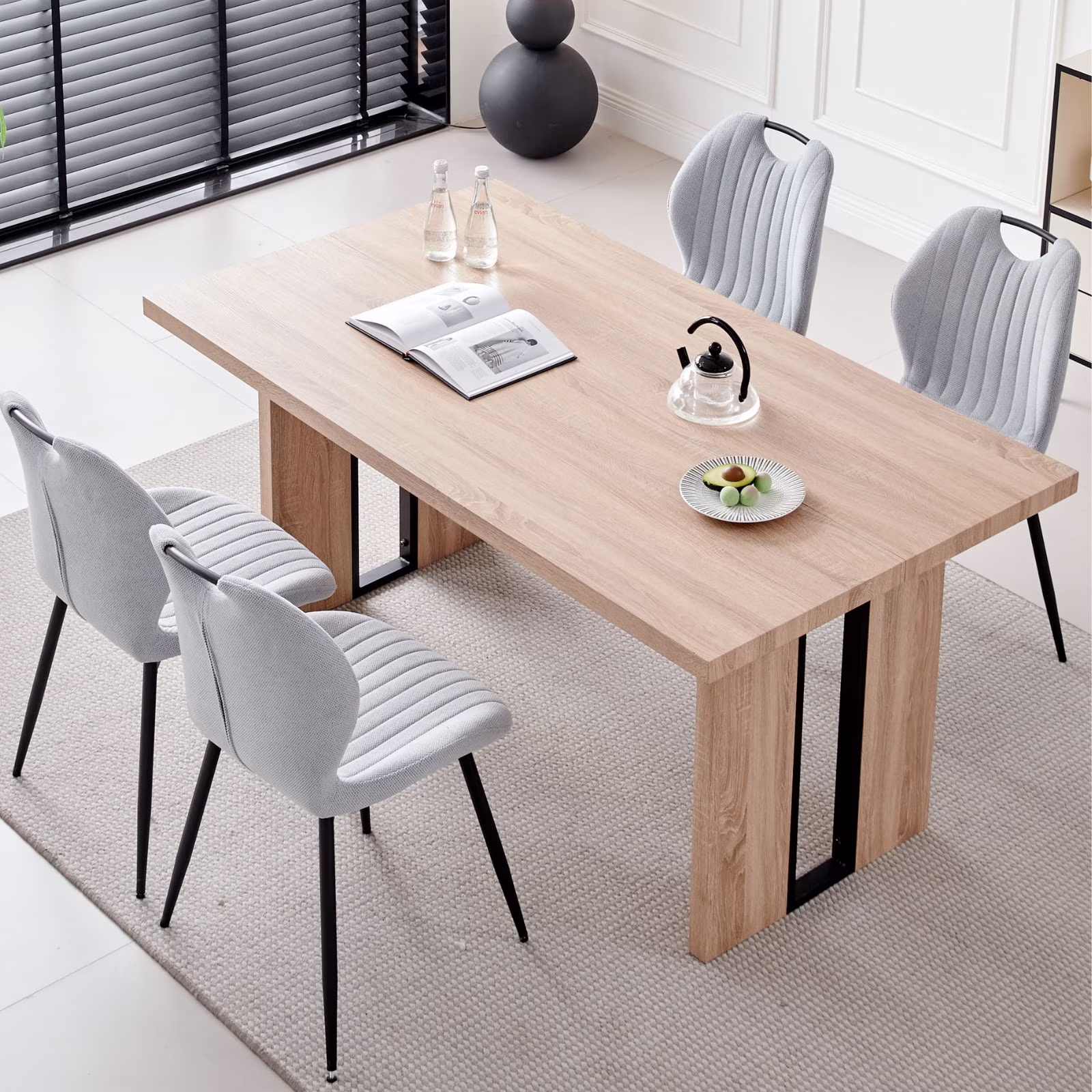 5pcs Rectangle Dining Table Chairs Set for 4, 63" Farmhouse Wood Kitchen Table with 4 Upholstered Mid Century Modern Boucle Chairs for Dinner, Living Dining Room, Apartment, Beige - Image 3