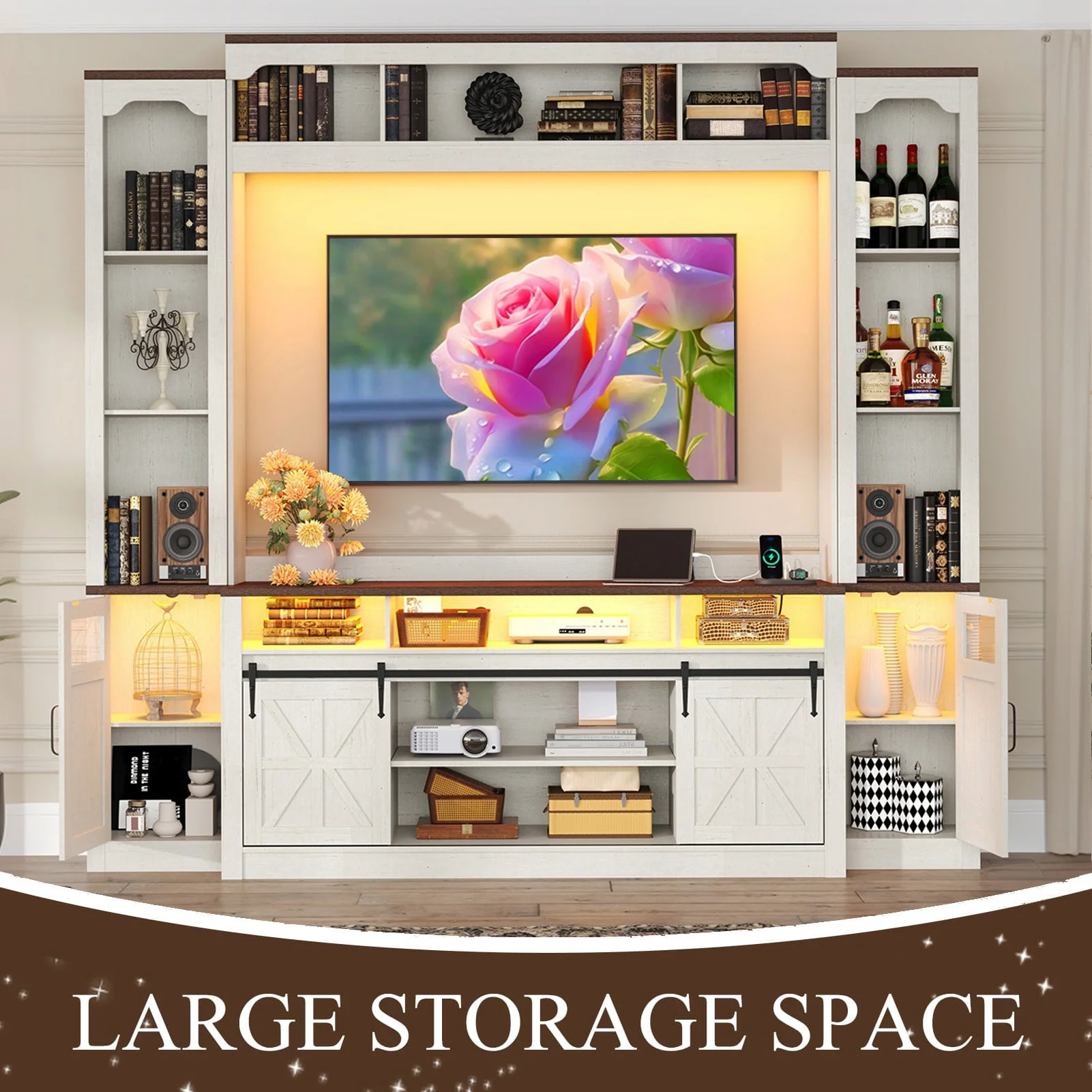 Farmhouse Wall Unit TV Stand with Storage for TVs up to 75", Large Entertainment Center with Bookshelves, LED Light & Power Outlet for Living Room - Image 2