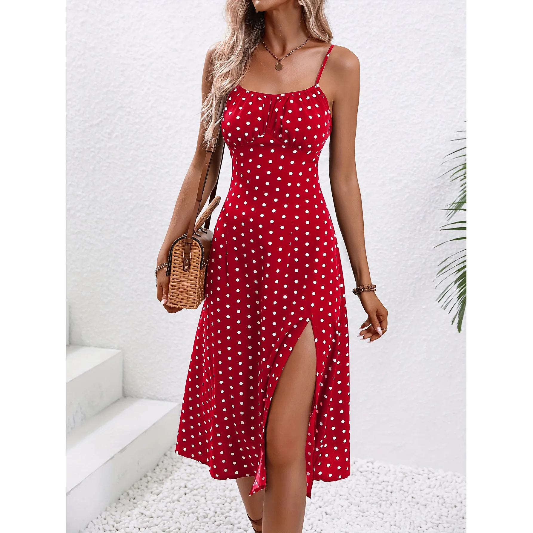 Flower Print Spaghetti Strap Dresses Women Spring Summer New Backless Bodycon Sleeveless Slit Dress Lady Vacation Style Vestidos - AZJHJ