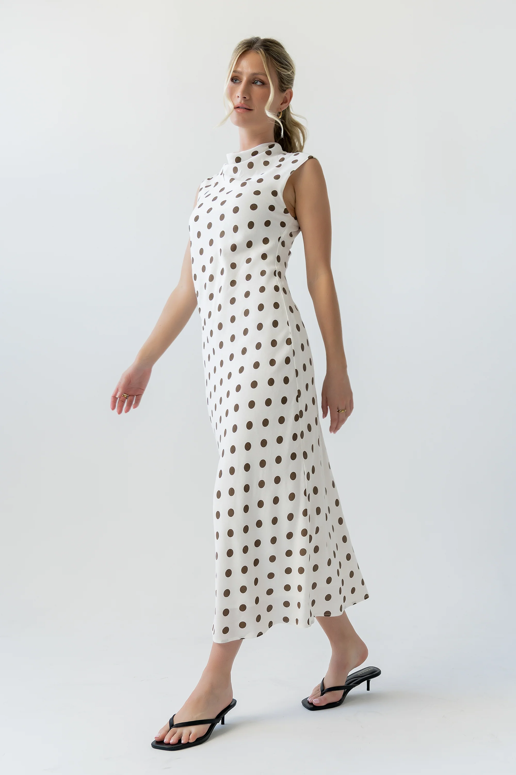 Tiffany Polka Dot Mock Neck Midi Dress