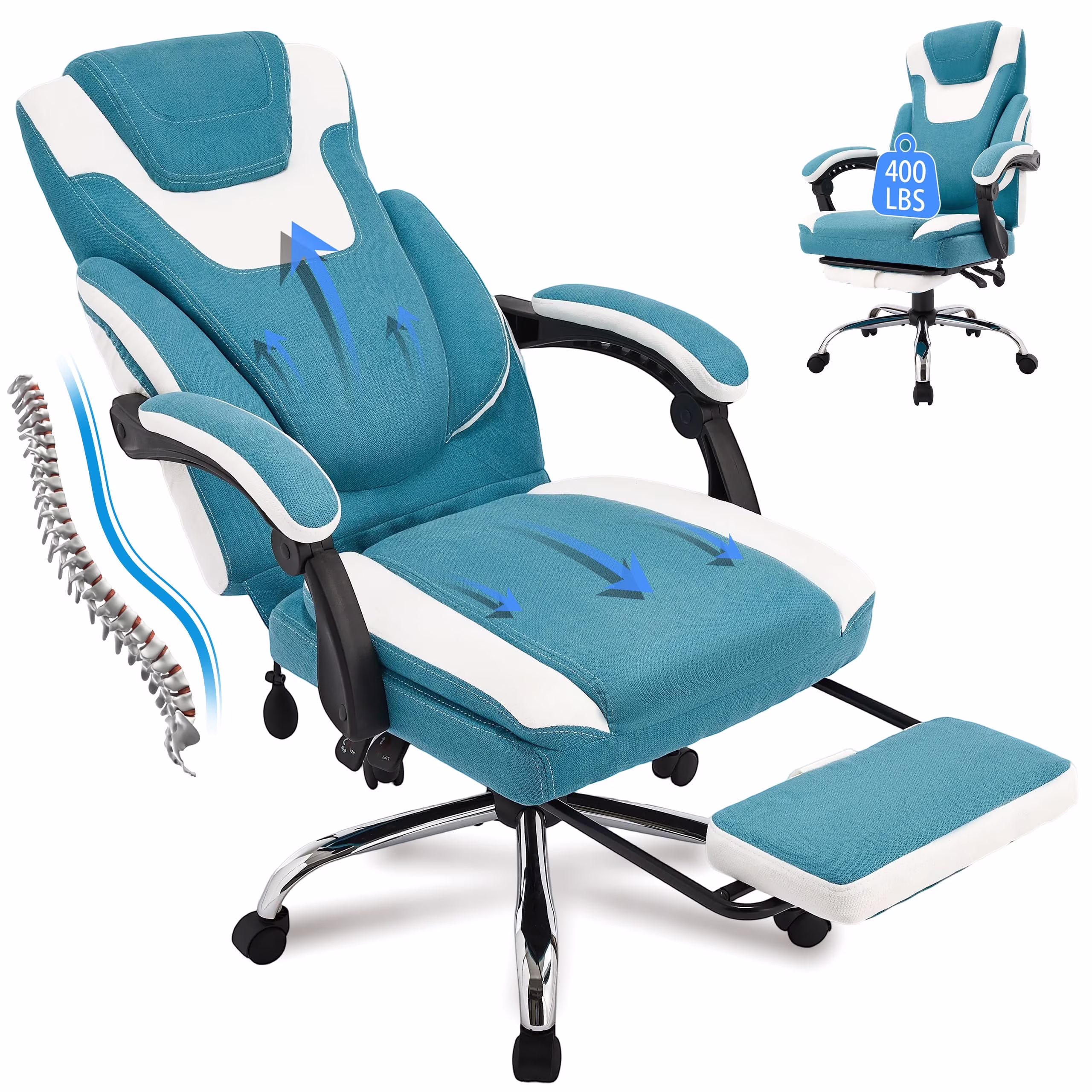 JONPONY Big and Tall Office Chair 400lbs, Executive Reclining Office Chairs with Footrest, High Back Home Office Chair Thick Padded Armrests, Ergonomic Adjustable Lumbar Support, PinkWhite - Image 5