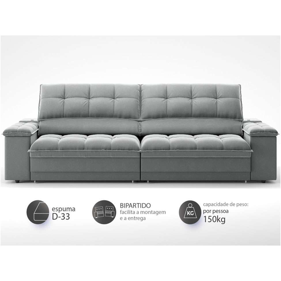 Sofá 3 Lugares Retrátil e Reclinável Helen com USB e Porta-Copos Veludo Cinza 210 cm em Promoção | Ofertas na Americanas