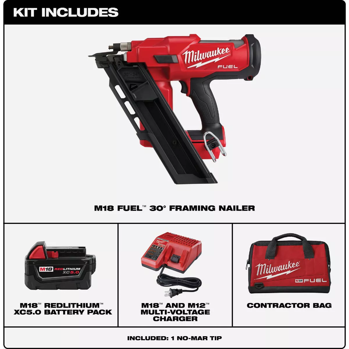 Milwaukee M18 FUEL Brushless 30 Degree Cordless Framing Nailer Kit with 5.0 Ah Battery & Charger