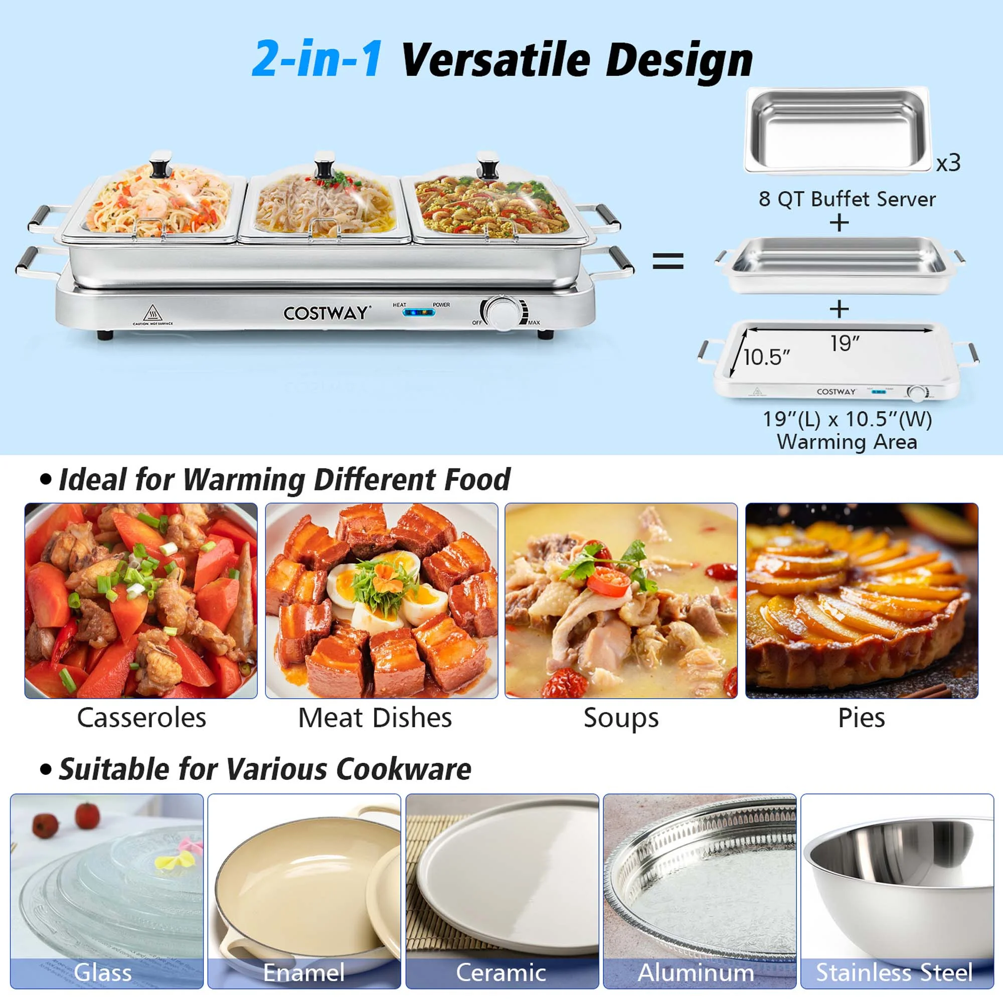 Costway Food Warmer Buffet Server 450W Stainless Steel Electric Warming Tray for Parties - Image 5
