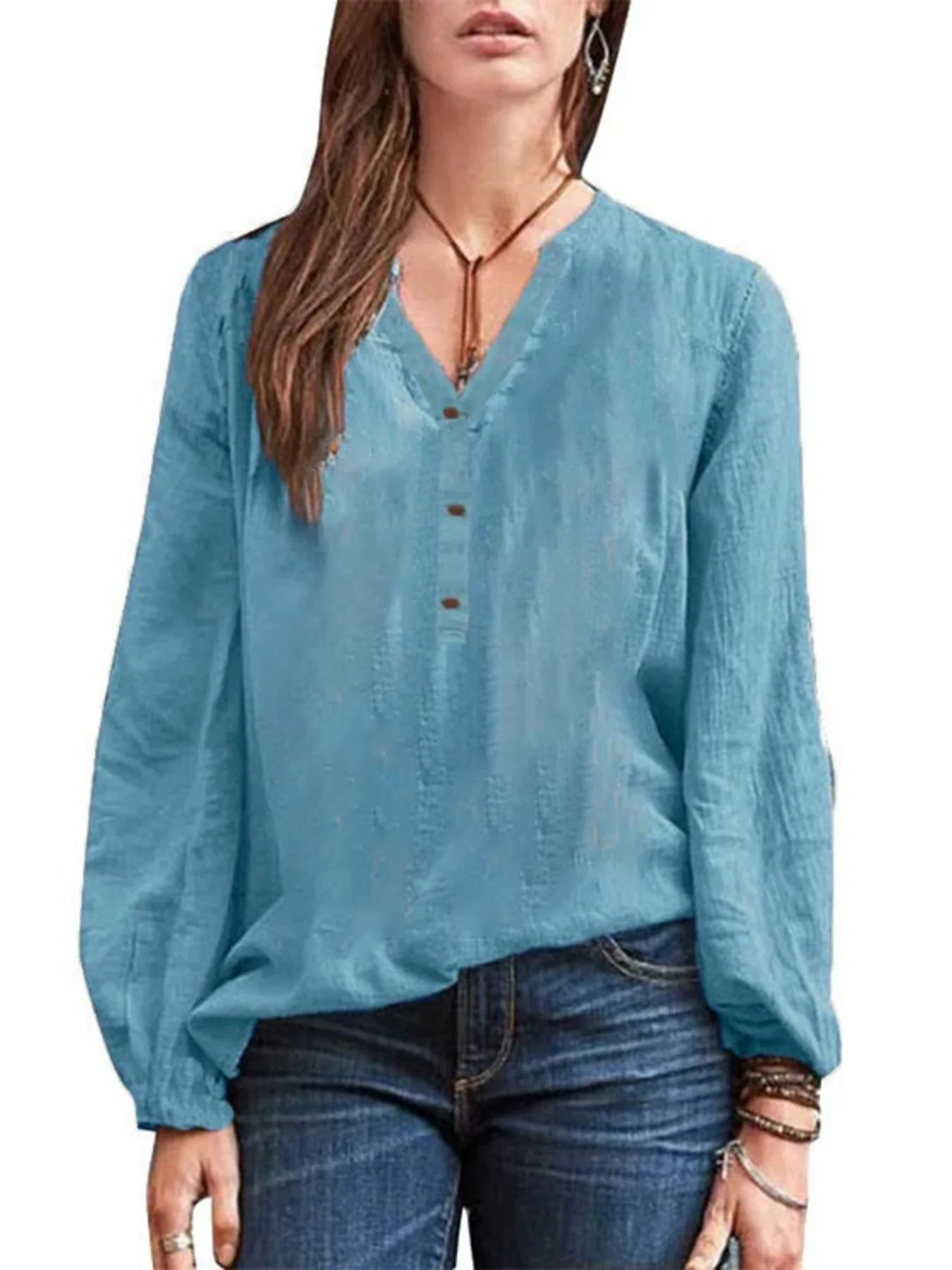 Full Size Notched Long Sleeve Blouse Plus Size - ZKZOOK