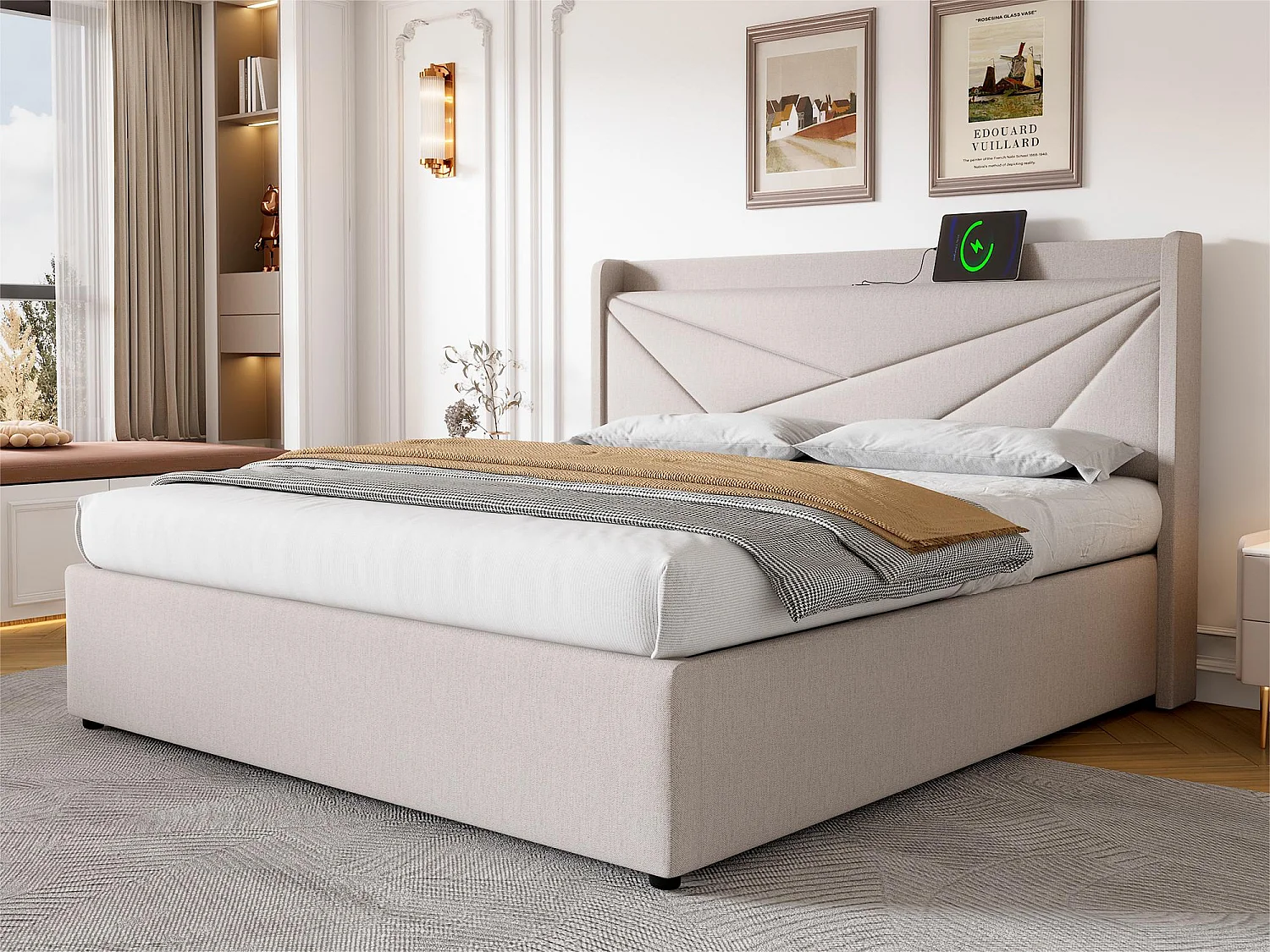 Lit coffre 160x200cm tissu en lin - avec port USB et sommier à lattes - Beige