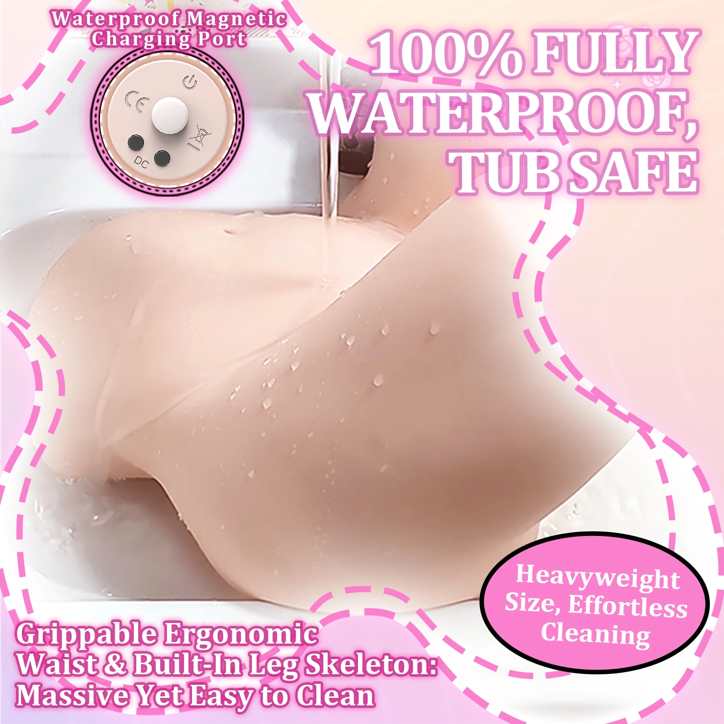 Waterproof TPE material of the Dr.YUU sex doll butt displayed for bathroom use.