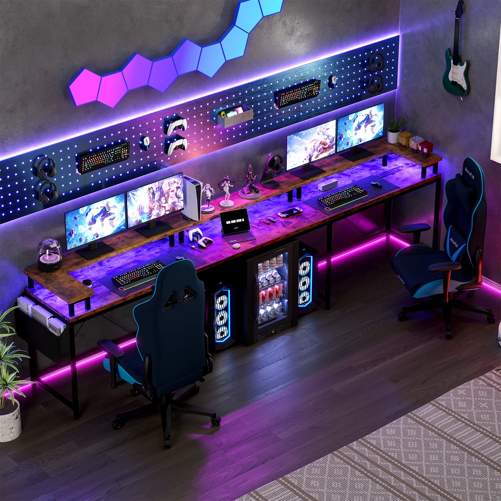 Yesfashion U Shaped Computer Gaming Desk, Reversible L Shaped Desk with Power Outlets, LED Strip & Monitor Stand, Large Corner Desk with Storage Shelves