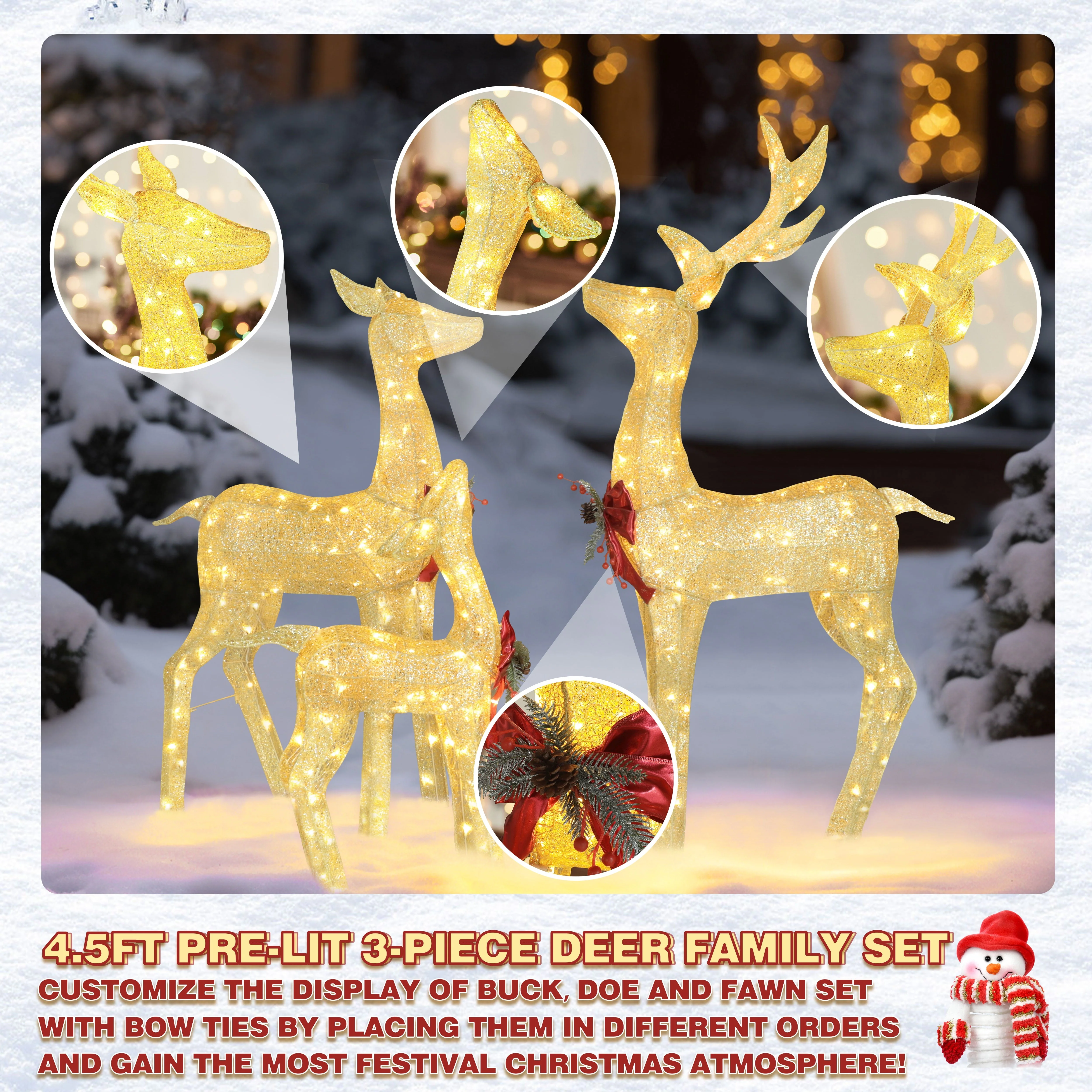 VEIKOUS Christmas Lighted Deer Family Set Outdoor Decor w/ 200 Warm Lights Reindeer Christmas Decor, Ground Stakes and Zip Ties, Gold - Image 6