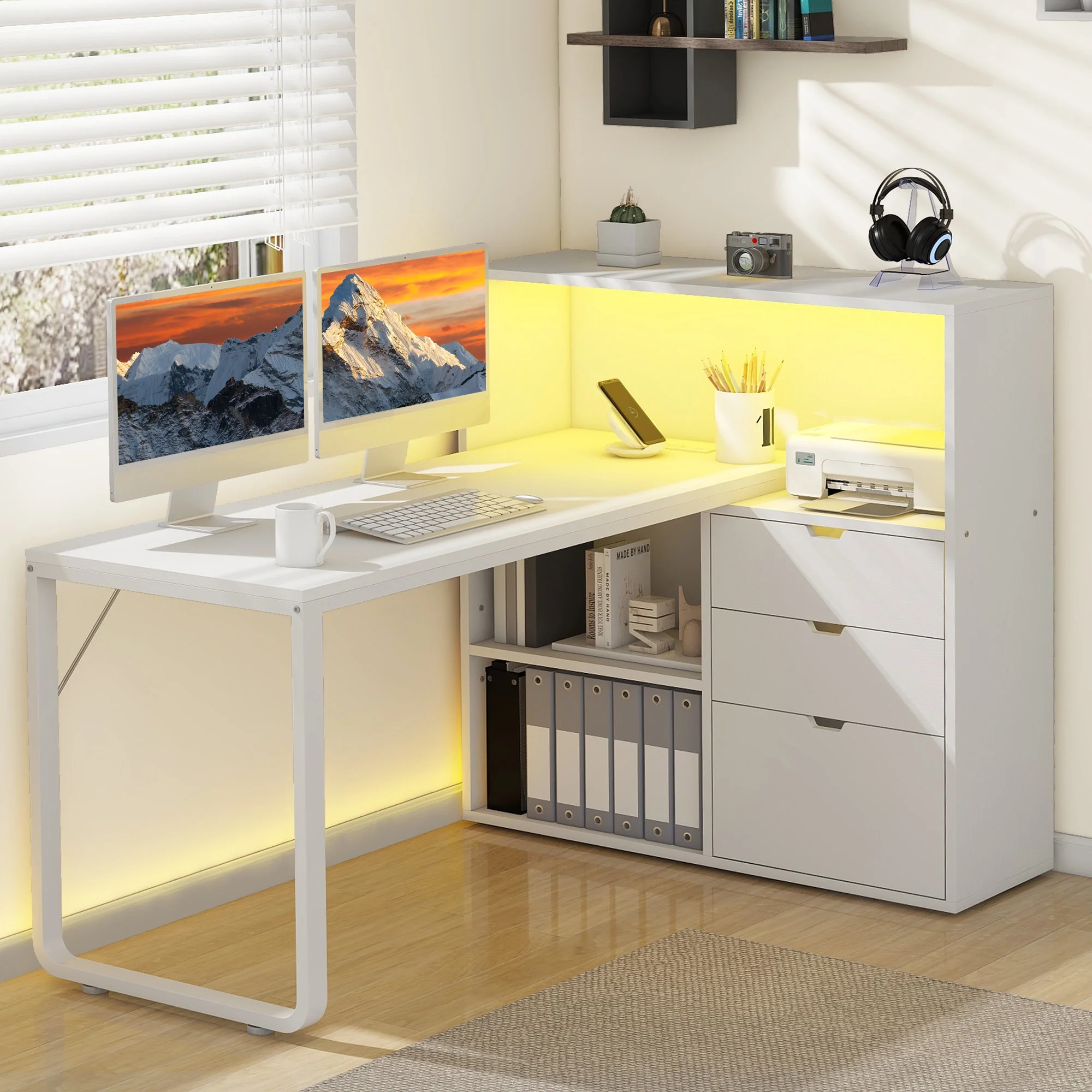 Dextrus L Shaped Desk with Power Outlets & LED Lights, Computer Desk with 3 Drawers and 3 Storage Shelves, White Office Desk Corner Desk for Home Office - Image 4