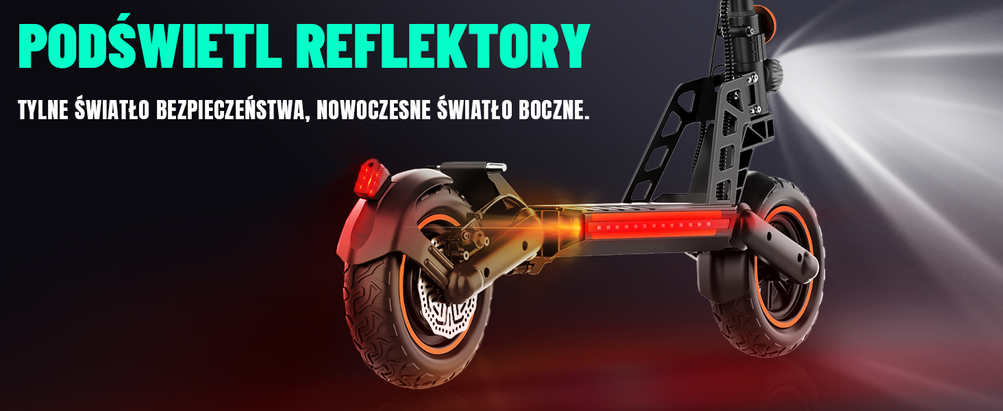 Podświetlane tylne koło skutera elektrycznego na ciemnym tle, prezentujące odblaskowe funkcje bezpieczeństwa
