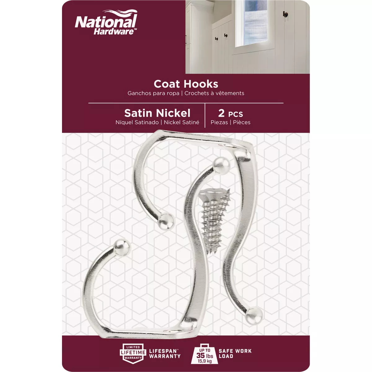 National Hardware Satin Nickel Coat & Hat Hook (2-Pack)