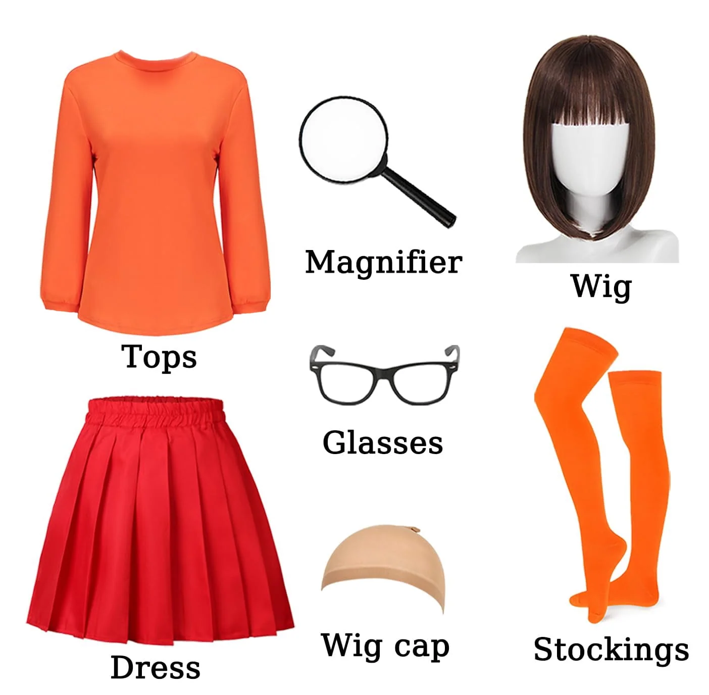 Couples Halloween Costumes for Women Velma Cosplay Outfit Orange Velma Costume with Mini Skater Skirt - Image 3 Couples Halloween Costumes for Women Velma Cosplay Outfit Orange Velma Costume with Mini Skater Skirt - Image 3