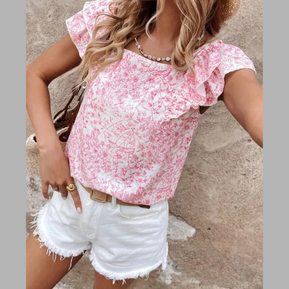 Floral Print Ruffle Trim Blouse - ZKZOOK