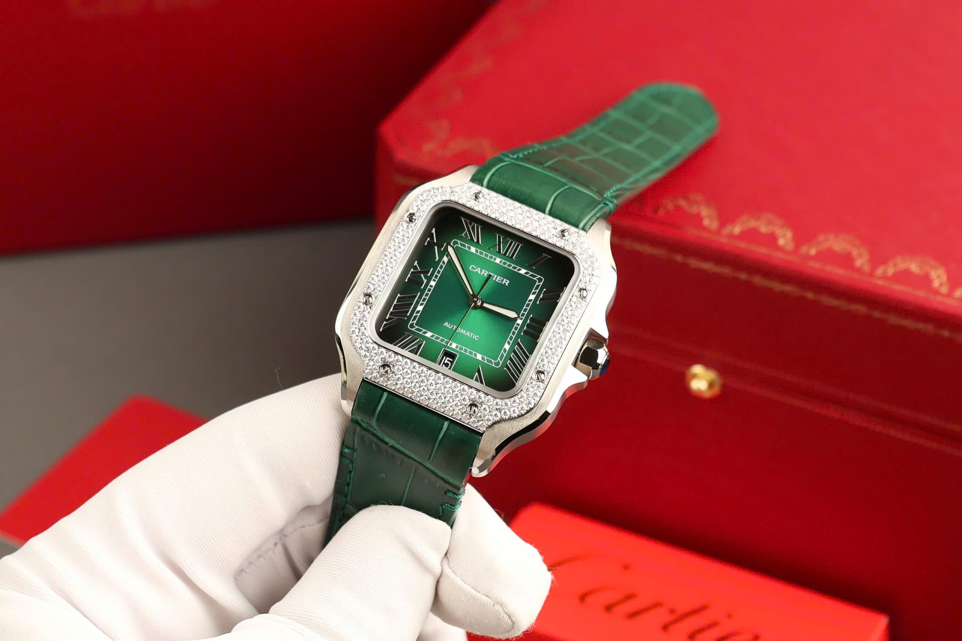 Cartier Santos Green Copies Watch Custom Diamonds Moissanite BV Factory 39.8mm - Top club