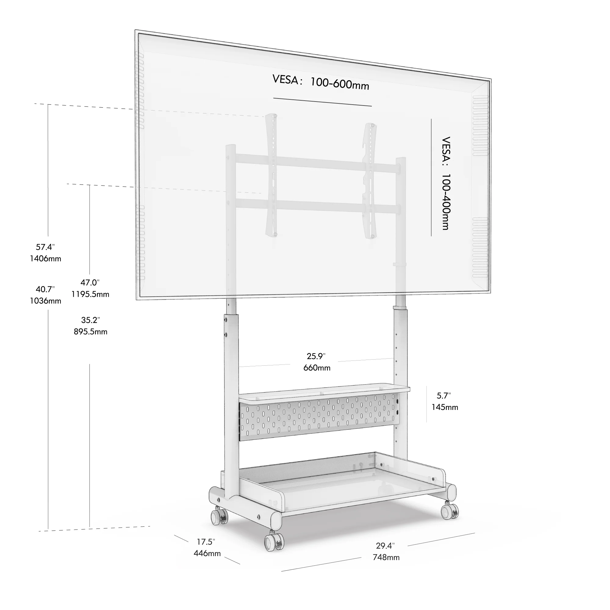 FITUEYES Rolling TV Stand with Wheels for 40-85 inch TVs, Height Adjustable Mobile TV Stand TV cart with Wooden Large Storage,White - Image 8