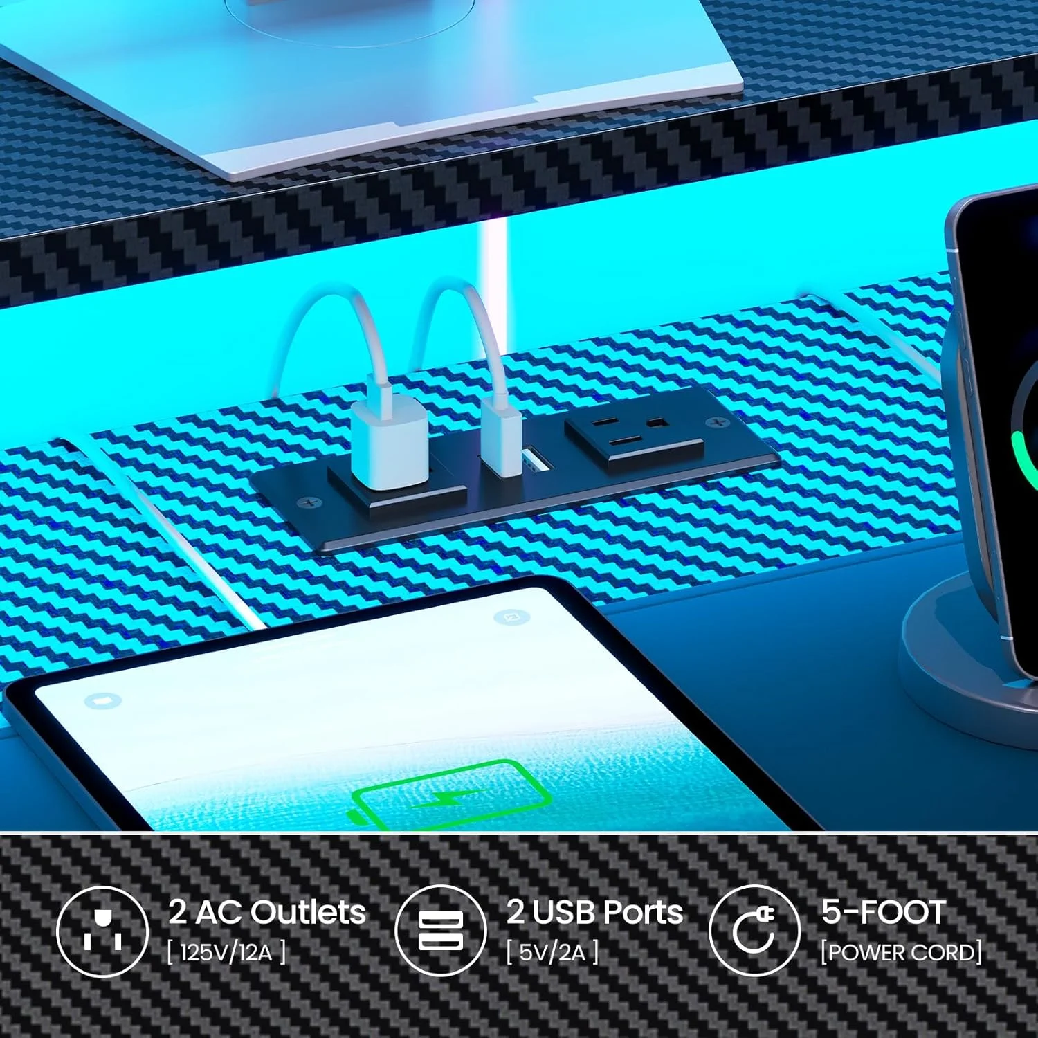 79" Gaming Desk with LED Lights and Power Outlets, U Shaped Desk with Monitor Stand and Drawers, Gaming Table with Keyboard Tray, Cup Holder and CPU Stand for Bedroom, Carbon Fiber Black - Image 7