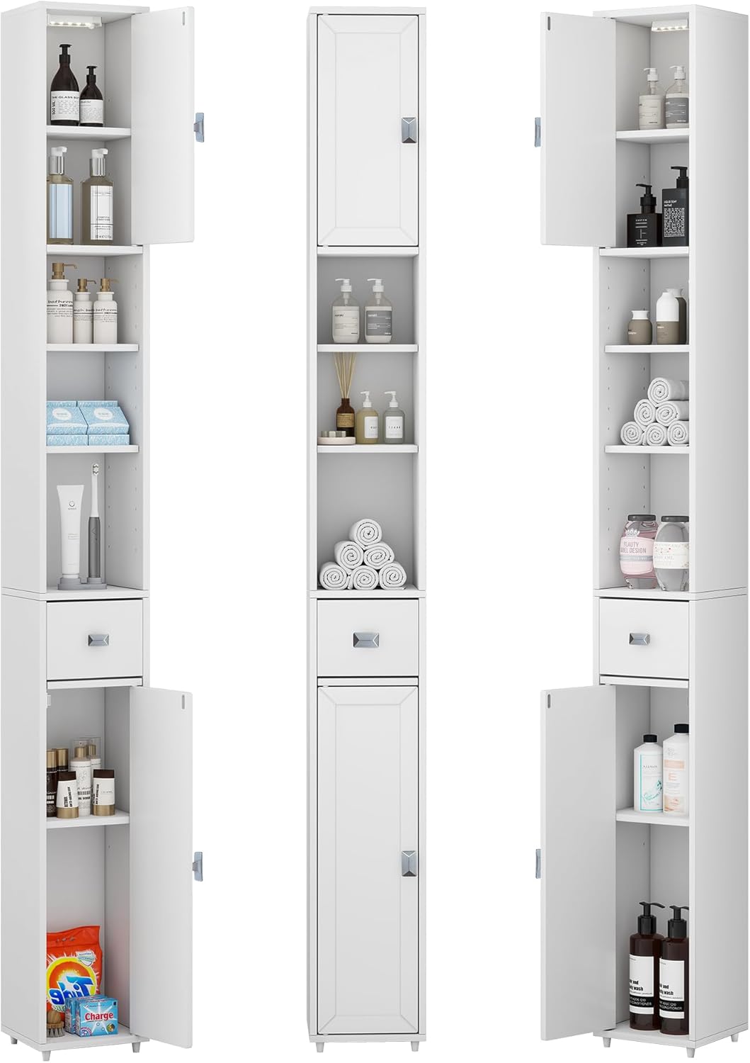 Tall Storage Cabinet, 7.9 Inch Narrow Bathroom Cabinet with USB Magnetic Light, Open Shelf, Magnetic Doors & Drawer, 5 Adjustable Shelves, Anti-Tip Kit for Small Spaces, Living Room, White, 70.9