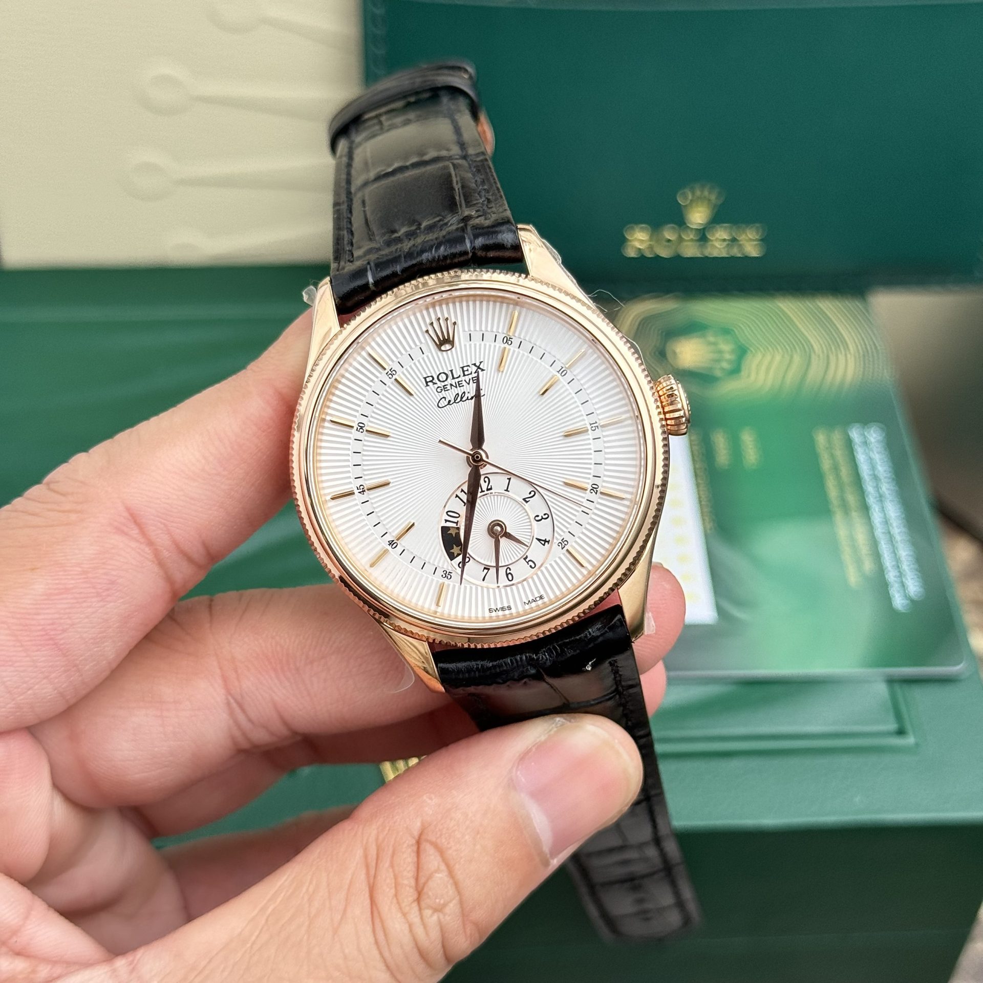 Rolex Replica Watch Cellini 50525 White Dial Leather Strap 39mm - Elite Watch Atelier