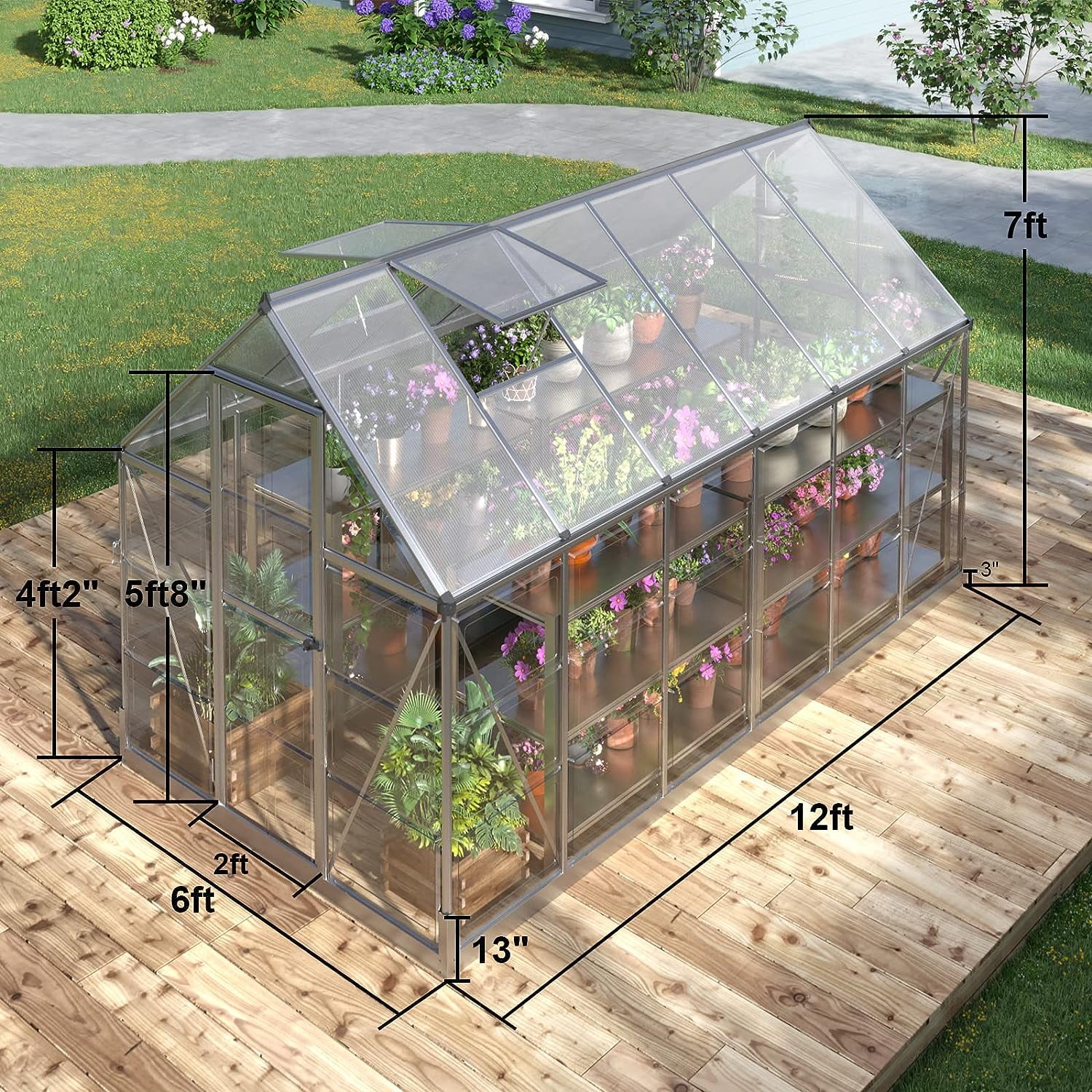 Jocisland 8x8x7 FT Polycarbonate Walk-In Greenhouse with Aluminum Frame, 2 Top-Opening Windows & 2 Swing Doors, Heavy Duty for Outdoor Garden Use, Black - Image 11
