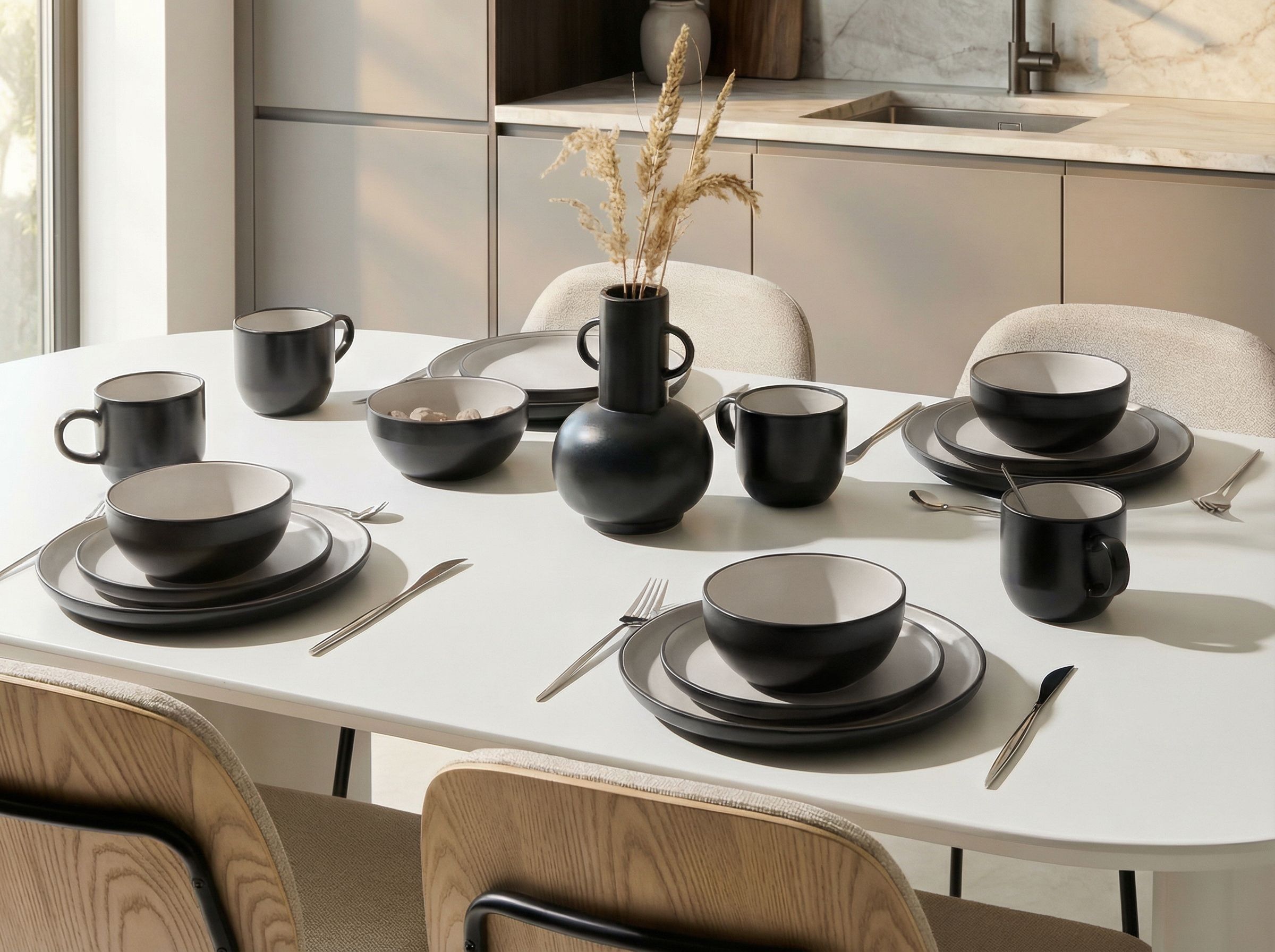 Set of 16 Dinnerware NUTMEG Stoneware Black