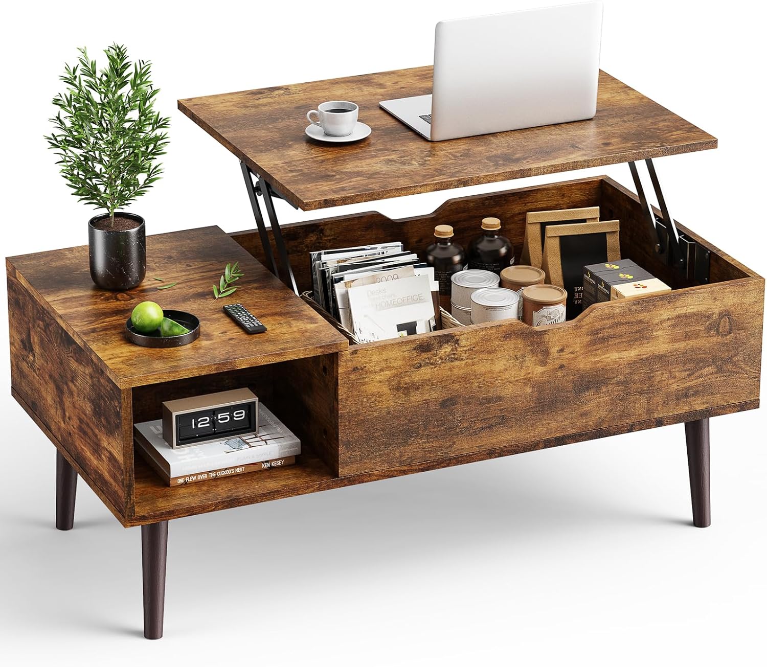 OLIXIS Wooden Coffee Table, Lift Top Coffee Table with Large Hidden Compartment and Ample Storage Shelf, Lift Tabletop Dining Table for Living Room, Home Small Space, Rustic
