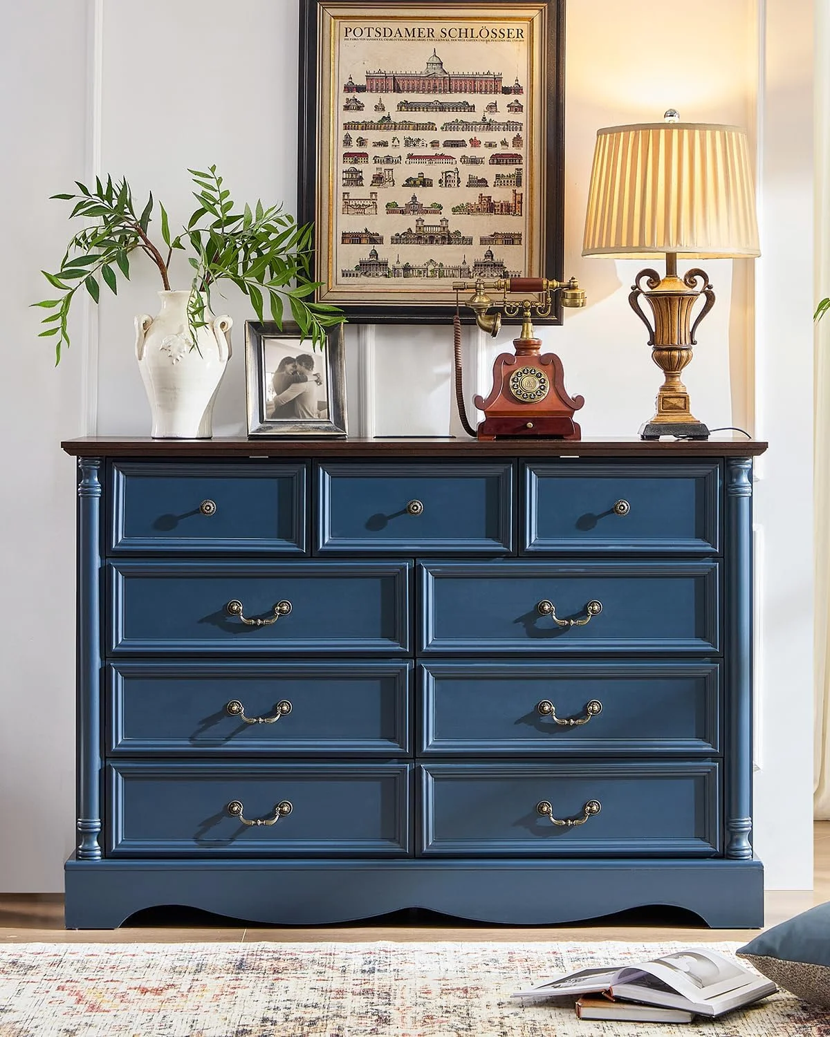 ZBOM 9 Drawer Dresser, 54 Inch Wide Farmhouse Style Chest of Drawers with Charging Station, Distressed Finish Design, Modern Storage Dresser Organizer TV Stand for Bedroom, Living Room