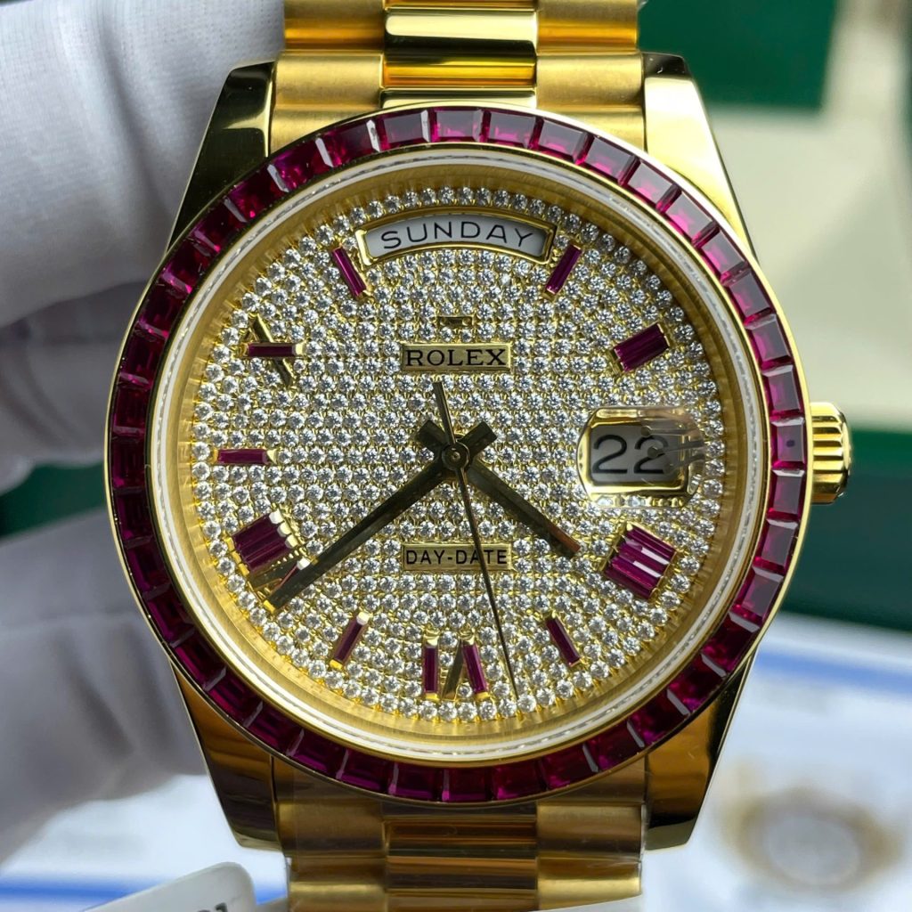 Rolex Day-Date Replica Watch Ruby Red + Moissanite Diamonds Gold Wrapped GM Factory 40mm - Top club