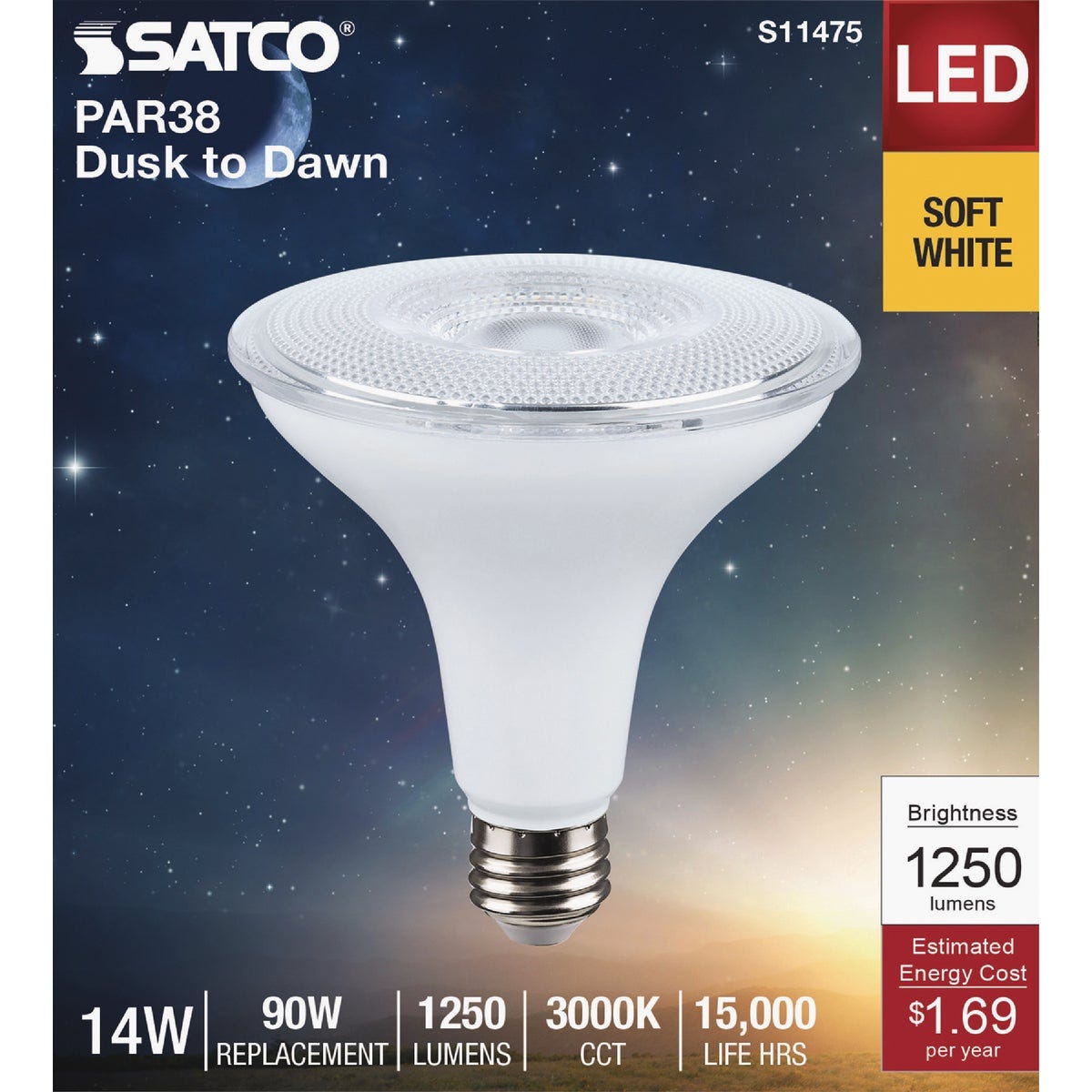Satco 90W Equivalent PAR38 Medium Base 3000K Dusk to Dawn LED Light Bulb