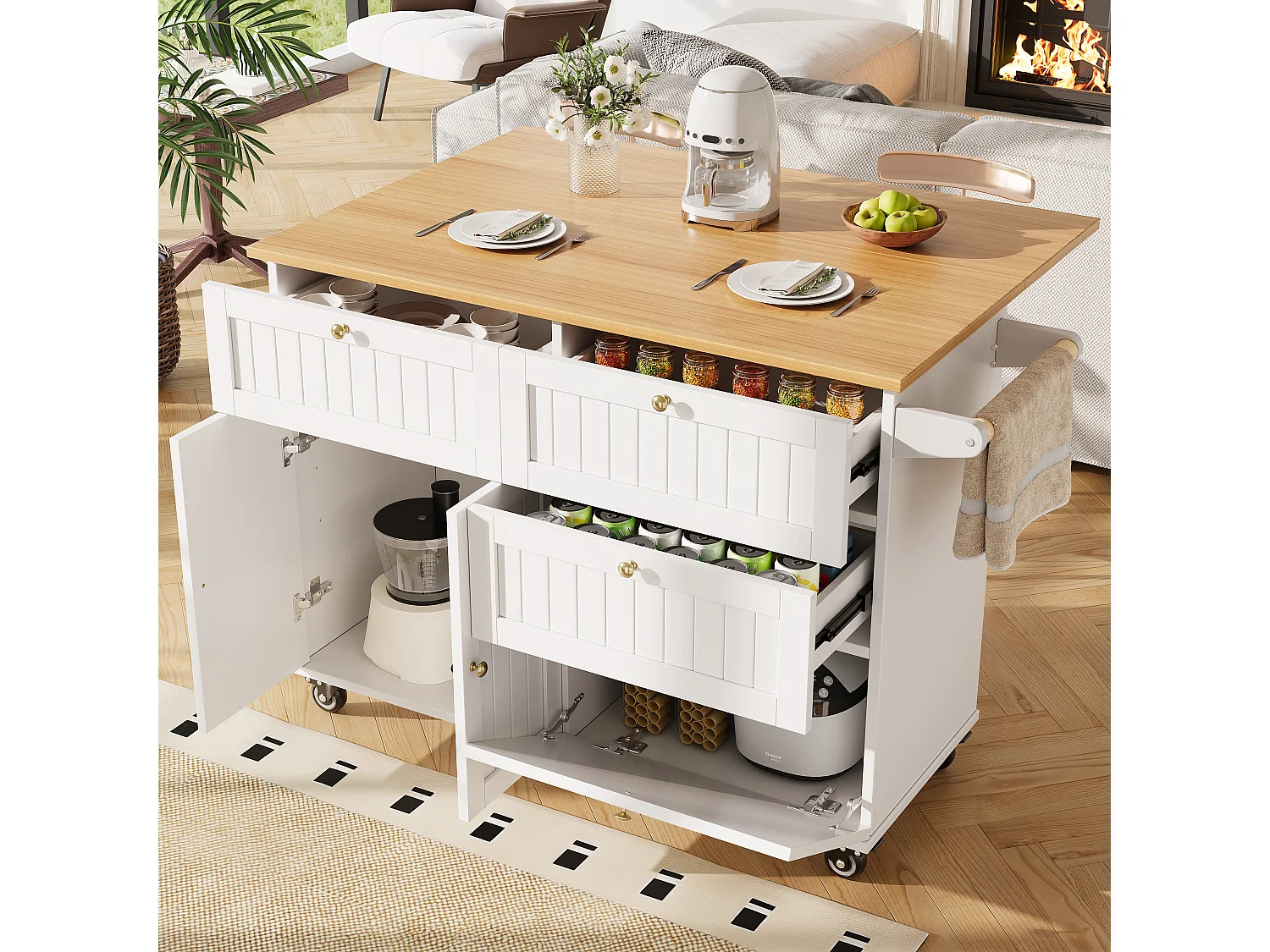 Desserte de cuisine blanc avec plateau rabattable en similibois et rangements - pour salon et cuisine