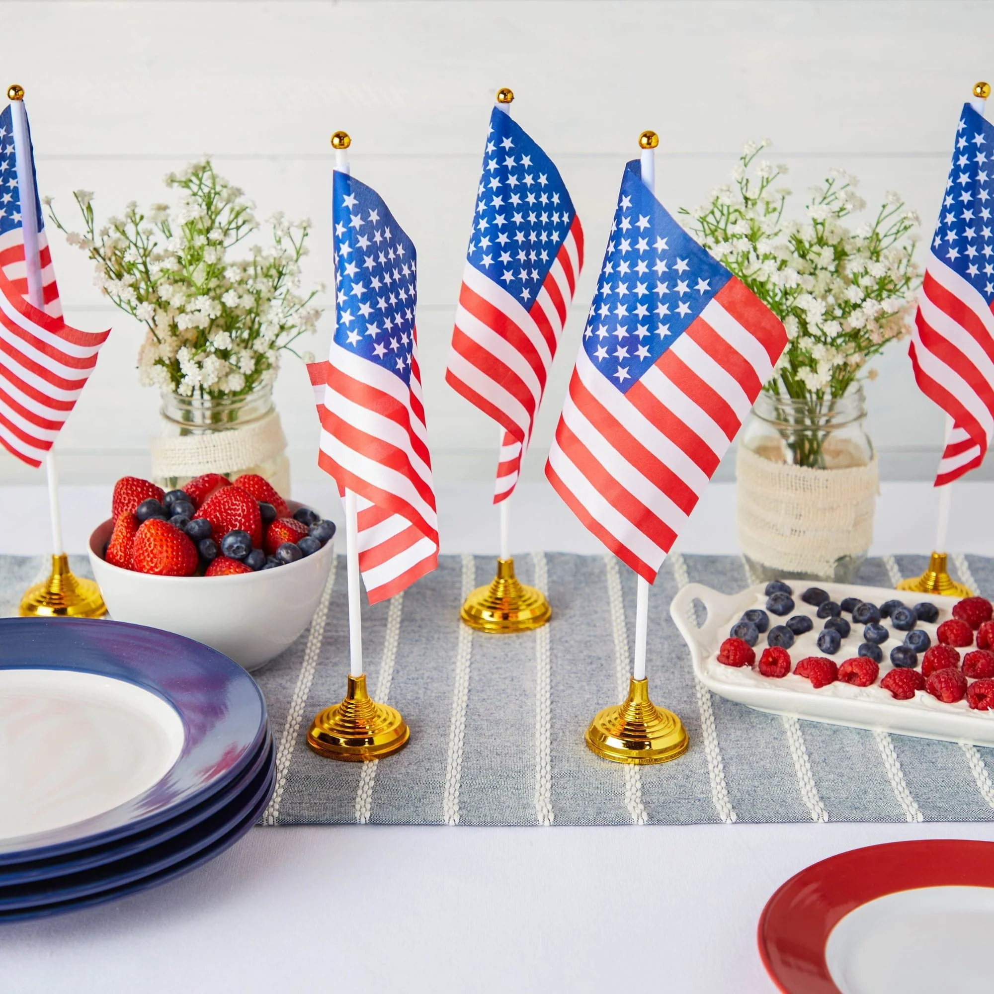 12-Pack Mini American Flags with Stand Base for Desk, Veterans, 4th of July, Memorial Day Small Miniature USA Desktop Centerpiece for Patriotic Home Office Table Party Decorations