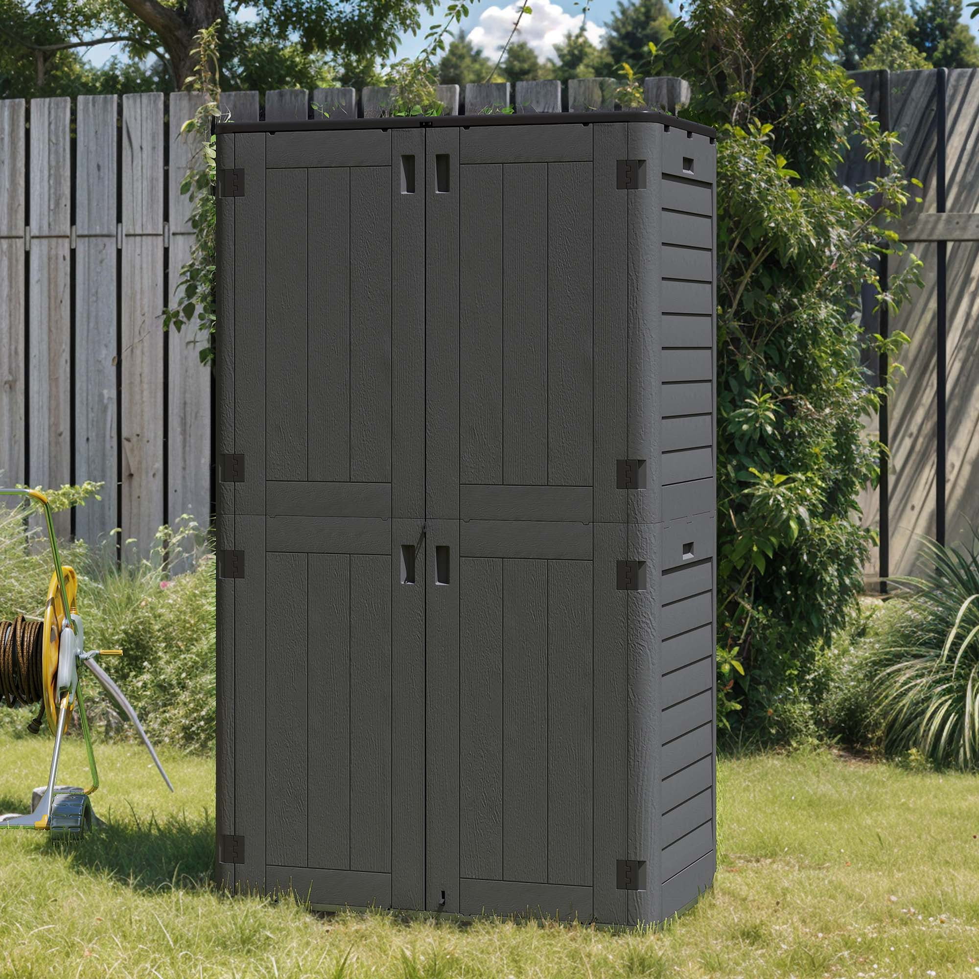 Craftian Outdoor Vertical Storage Shed, 25 Cubic Feet with Shelving for Bicycles, Garden Tools, Garage, Poolside, Dark Gray & Black