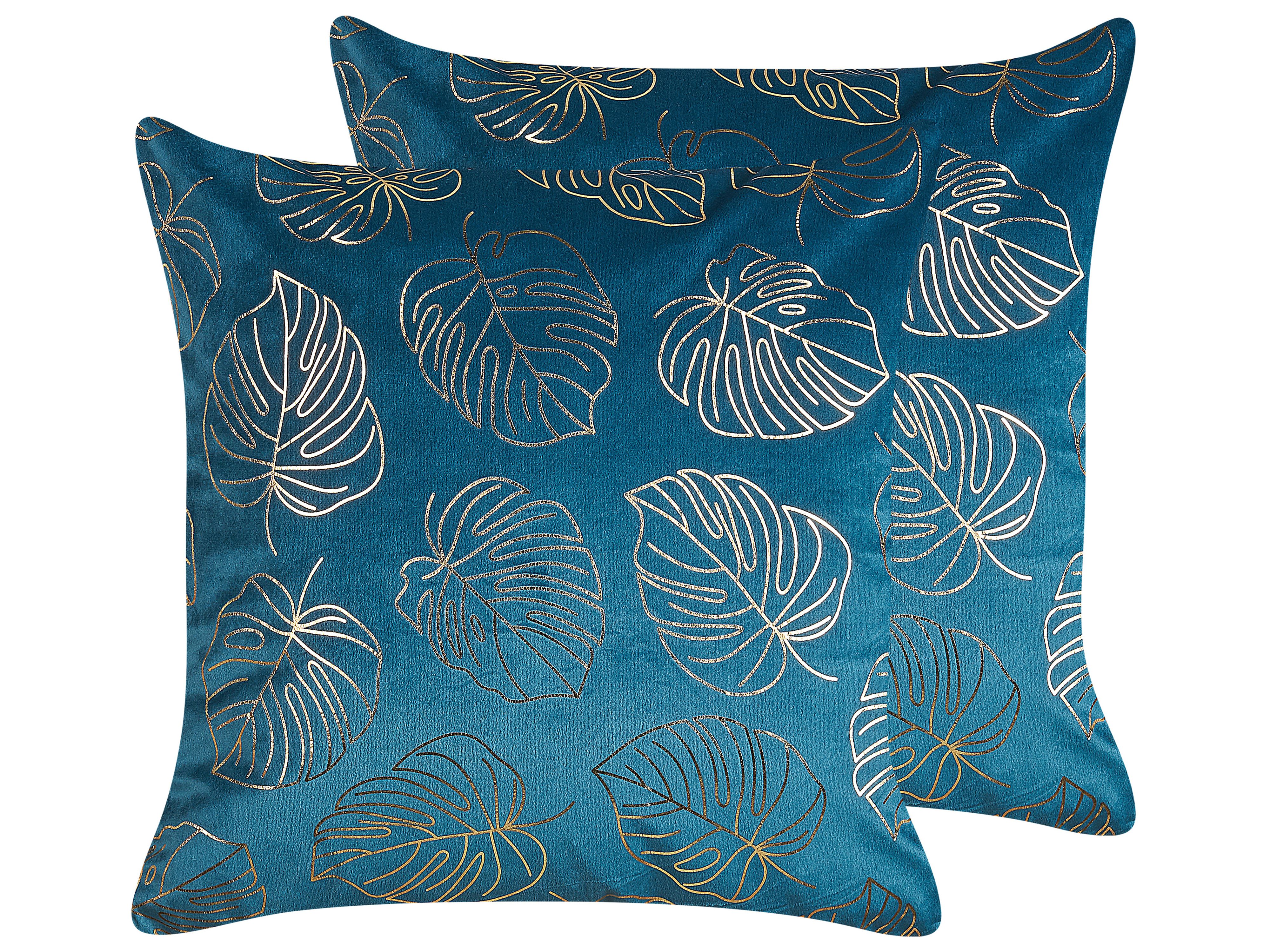 Set of 2 Decorative Cushions DELICIOSA Velvet 45 x 45 cm Blue Plant Pattern