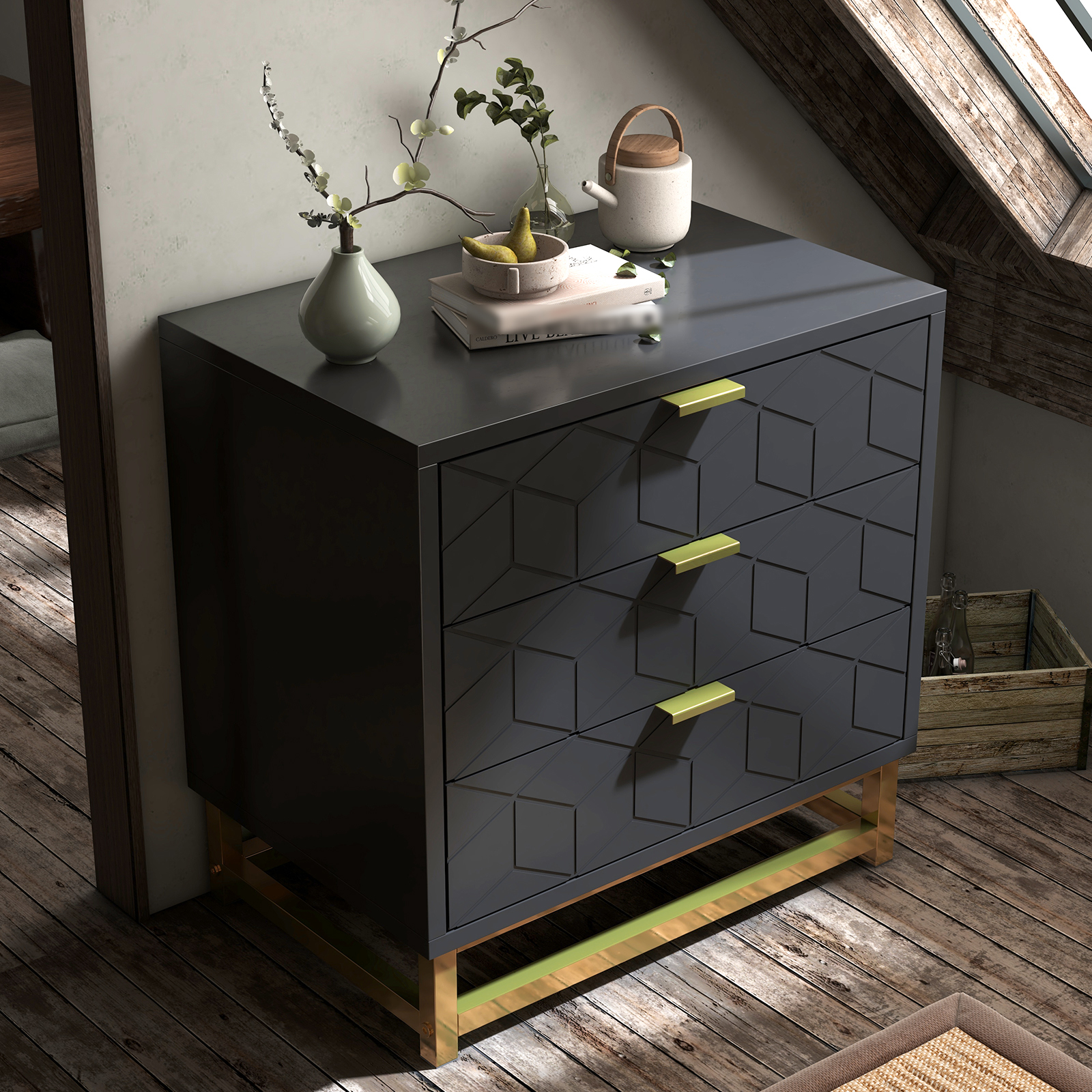 3 Drawer Dresser for Bedroom, Modern Chest of Drawers with 3 Drawers, Tall Nightstand with Metal Base and Metal Handles, Storage Cabinet for Bedroom, Hallway, 15.7