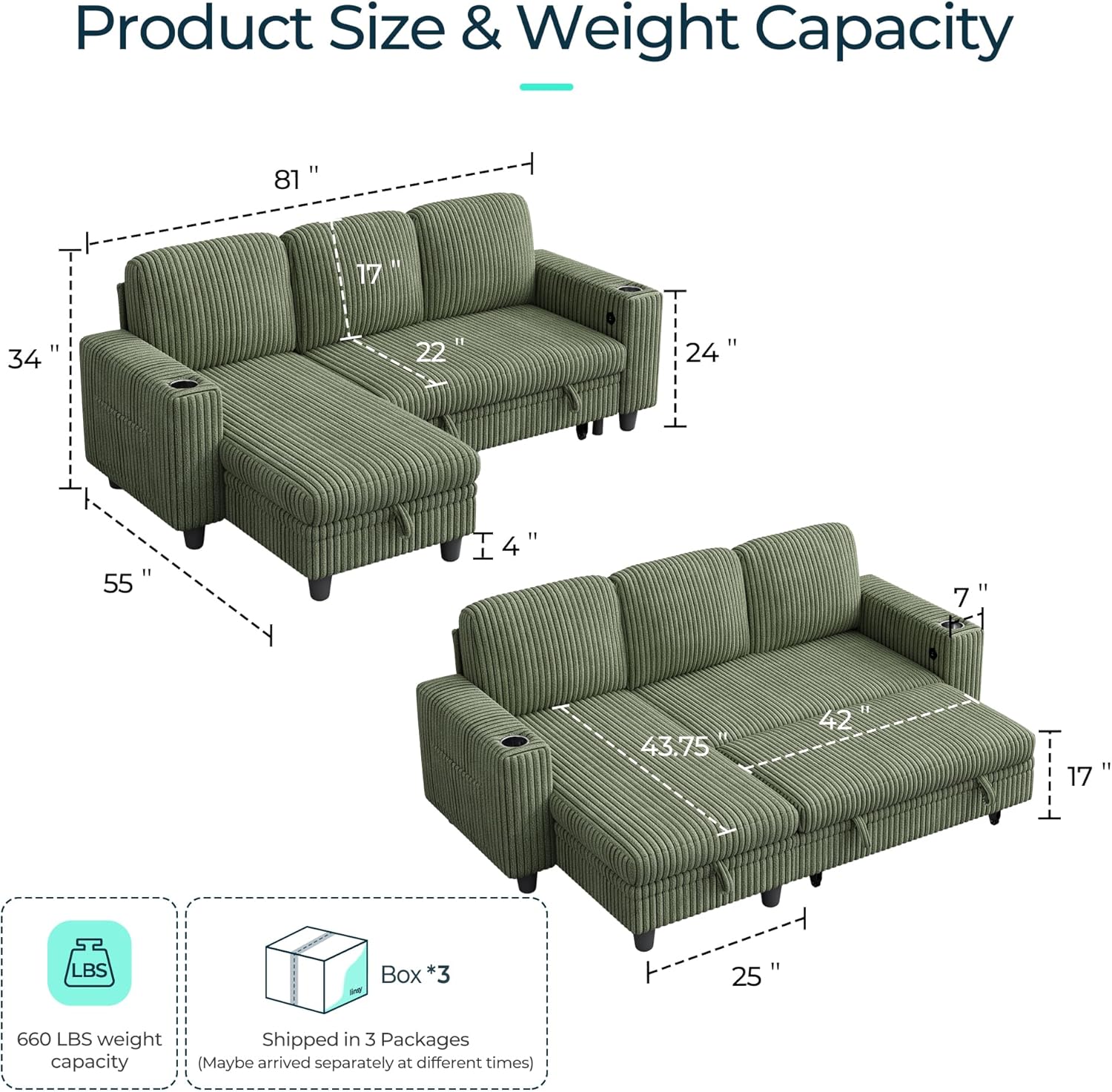 LINSY HOME Pull Out Sleeper Sofa Sectional Couches for Living Room, L Shaped Plush Corduroy Couch with Storage&USB Charging, Convertible Cloud Sectional Sofa Bed for Apartment, Green